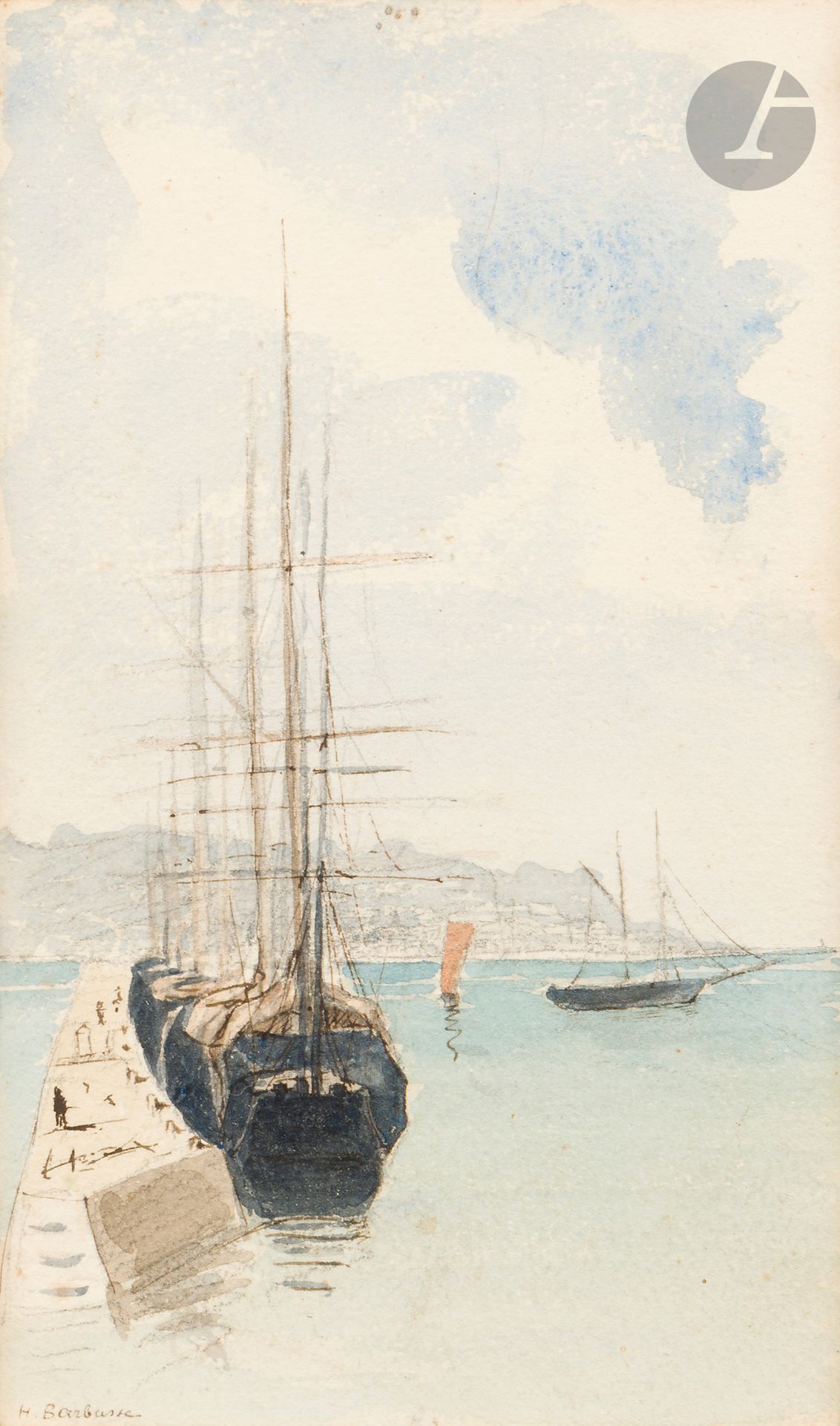Henri BARBUSSE (1873-1935)
Bateaux au port
Encre et aquarelle.
Signée en bas à gauche.
19 x 11 cm