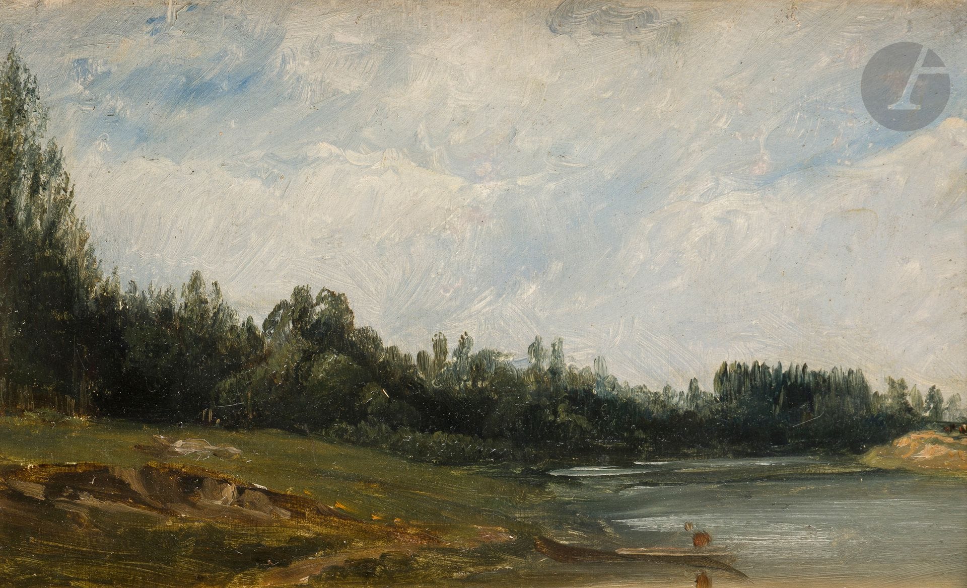 Paul HUET (1803-1869)
Bord de rivière
Huile sur carton.
Cachet à la cire rouge de l’atelier au dos.
15,5 x 25 cm

Cette œuvre est répertoriée dans les archives d’Elisabeth Marechaux Laurentin en vue de la publication du Catalogue Raisonné des peintures de Paul Huet.