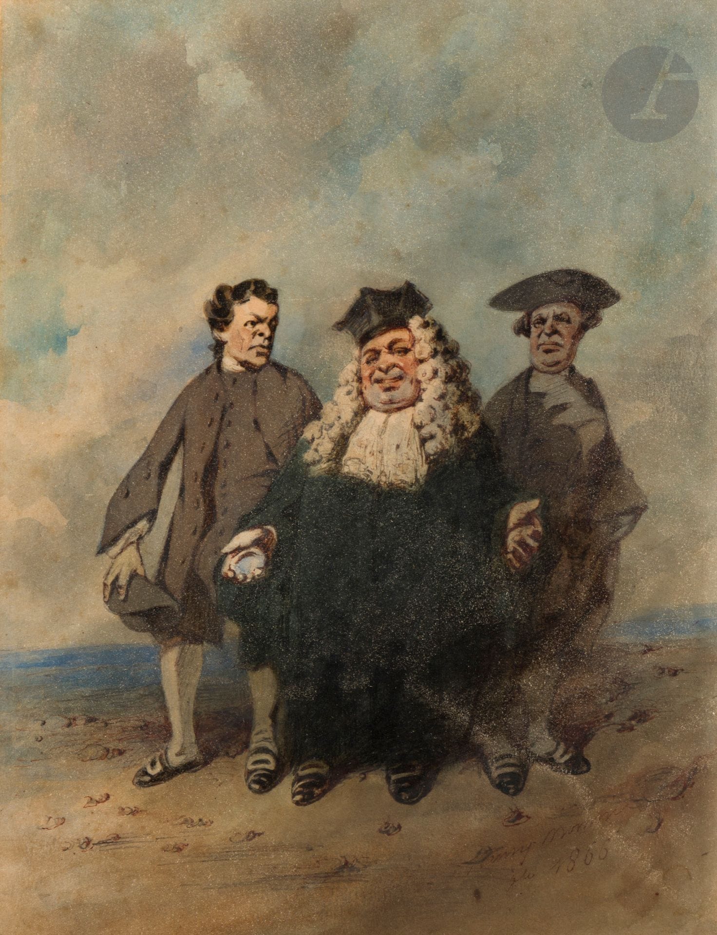 Henri MONNIER (1799-1877)
Le Juge et les plaideurs, 1866
Aquarelle gouachée, plume et encre noire.
Signée et datée en bas à droite.
29,5 x 22 cm