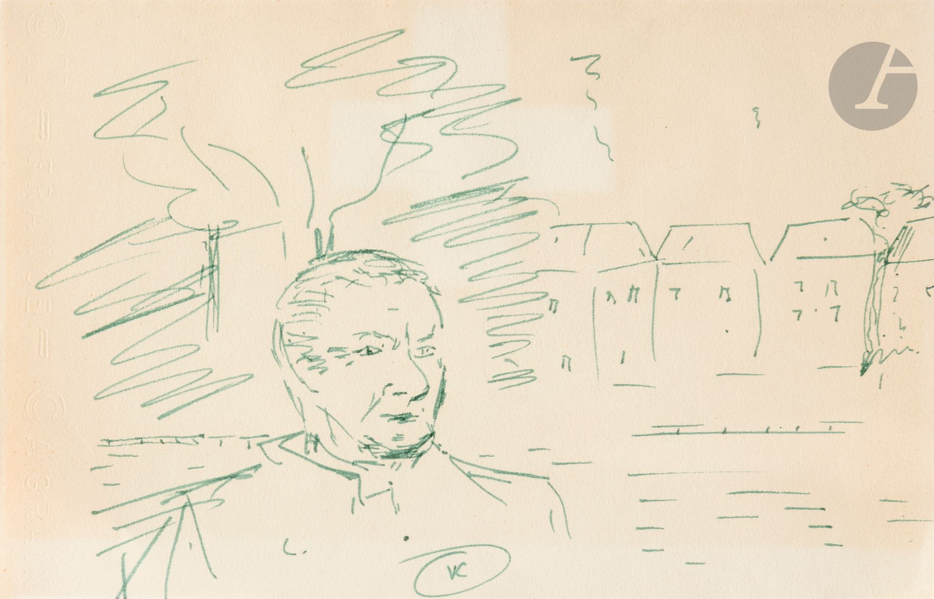 Erskine CALDWELL (1903-1987)
Autoportrait, 1972
Encre verte.
Monogrammée en bas au centre.
16 x 22,5 cm

Provenance : 
Collection Christian Bernadac, vente Piasa, Paris, 9 juin 2004, n° 20.

Bibliographie : 
Serge Fauchereau, Peintures et dessins d’écrivains, Paris, Belfond, 1991, p. 193 : « Contrairement à ses compatriotes Miller ou Faulkner, l’auteur du Petit Arpent du Bon Dieu n’a guère dessiné. Il est fort probable que cet autoportrait, exécuté à soixante-dix ans, constitue l’essentiel de son œuvre graphique ».
