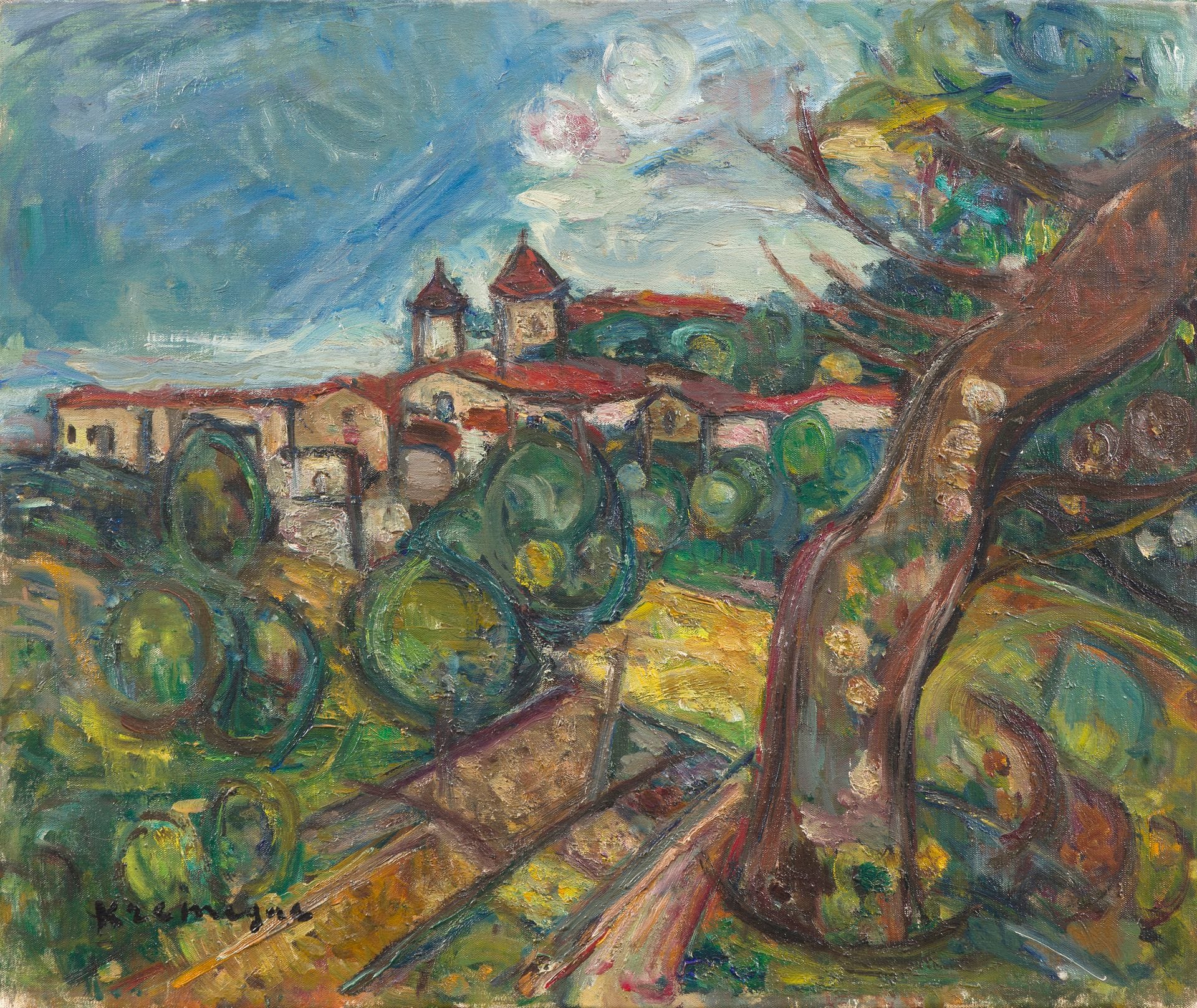 Pinchus KRÉMÈGNE (1890-1981)
Village du Sud, vers 1950
Huile sur toile.
Signée en bas à gauche.
46 x 55 cm

Nous remercions Madame Jeannette Kremen d’avoir confirmé l’authenticité de cette œuvre et pour les informations qu’elle nous a transmises.