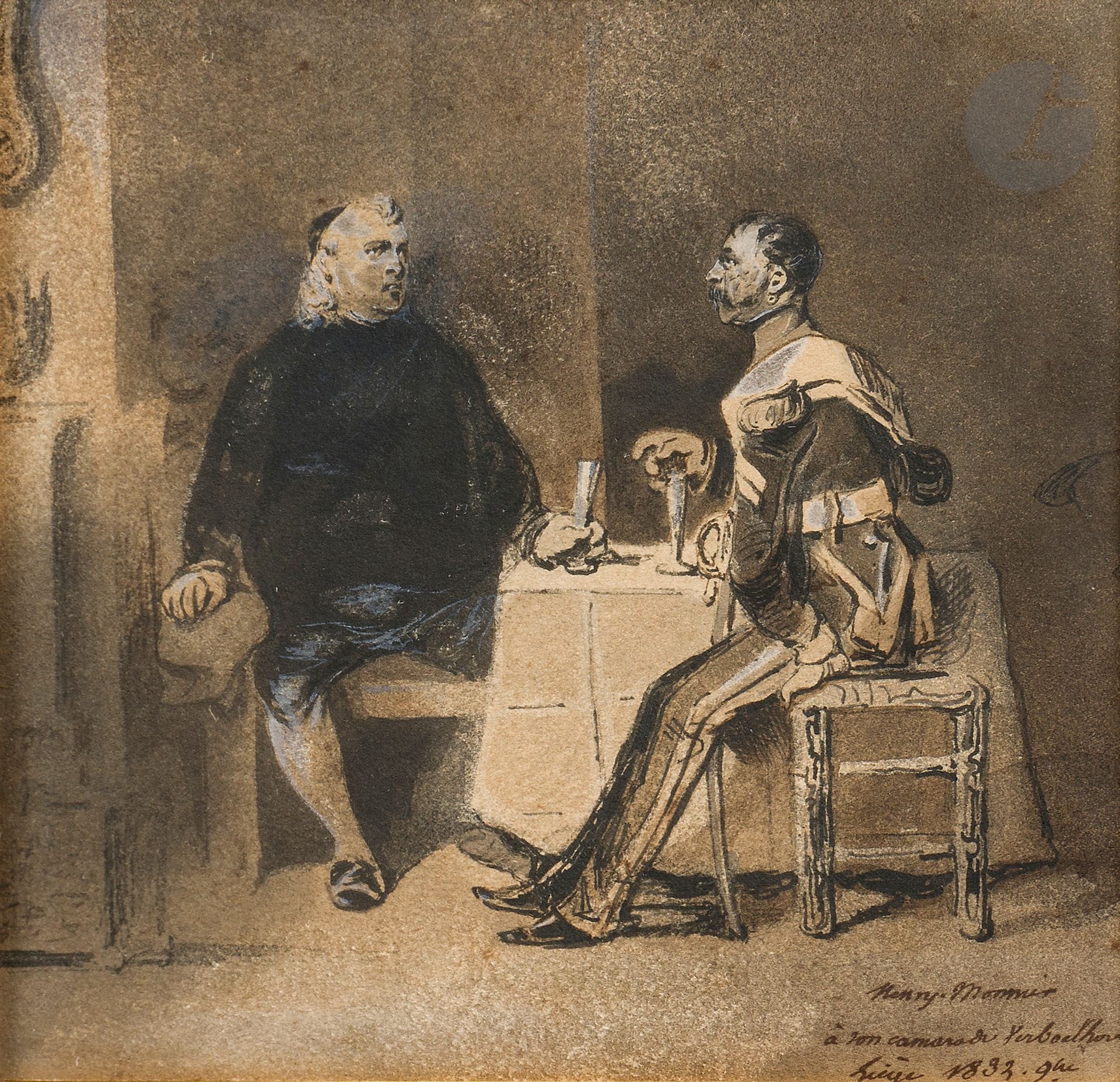 Henri MONNIER (1799-1877)
Le Prêtre et l’officier, 1833
Plume et encre brune, lavis brun et rehauts de gouache blanche.
Signée, datée et dédicacée en bas à droite.
12,5 x 12 cm