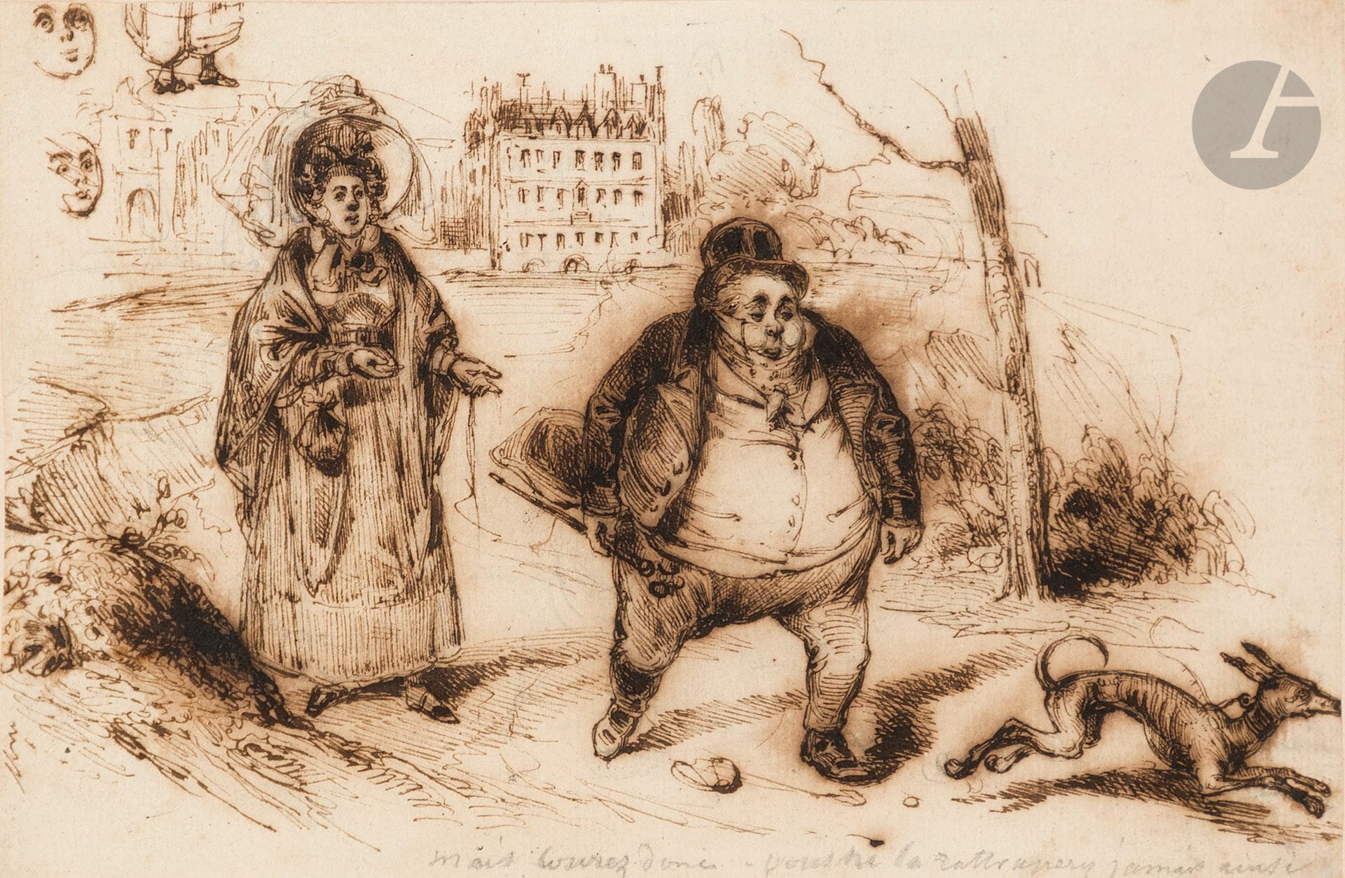 Jean Ignace Isidore GRANDVILLE (1803-1847)
Mais courez donc...vous ne le rattraperez jamais ainsi
Plume et encre brune.
Titrée en pied.
10,5 x 18 cm