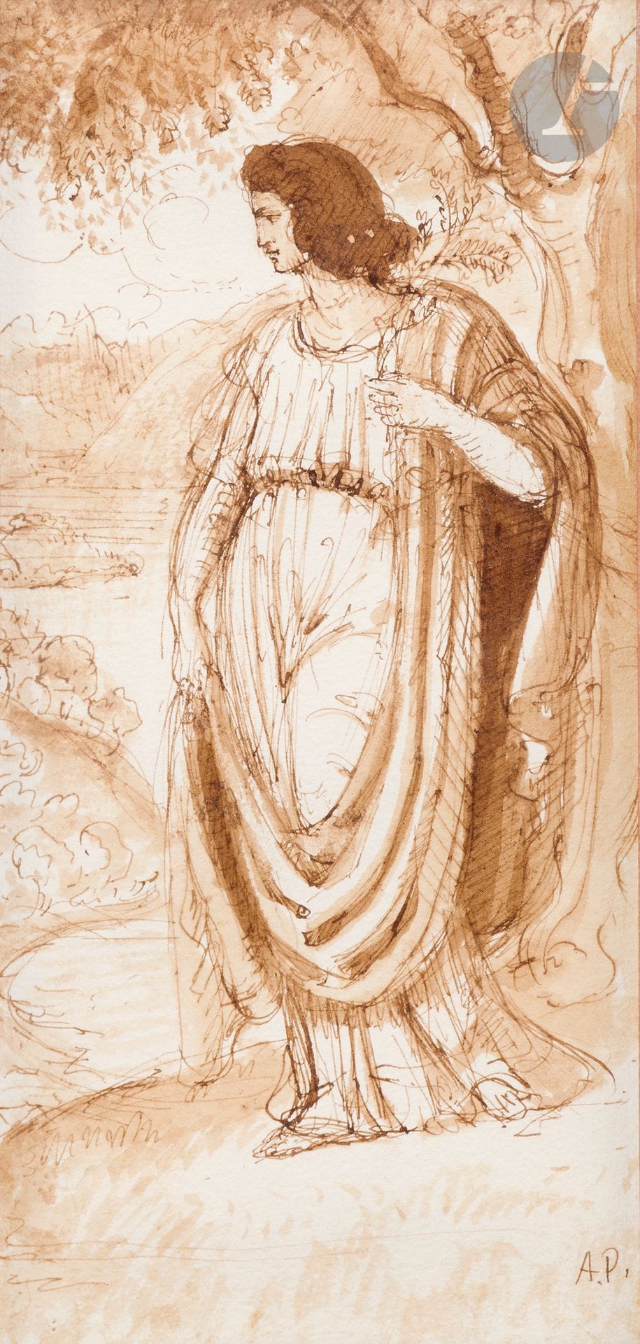 Armand POINT (1860-1932)
Femme à l’antique dans un paysage
Plume, encre brune, lavis brun et lavis d’encre.
Monogrammée en bas à droite.
(Rousseurs).
24 x 12 cm