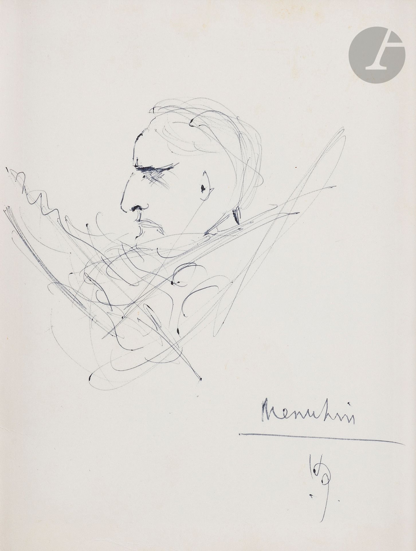 Henri SAUGUET (1901-1989)
Portrait de Yehudi Menuhin
Encre.
Monogrammée et titrée en bas à droite.
Au dos d’un programme de concert.
15,5 x 12 cm
