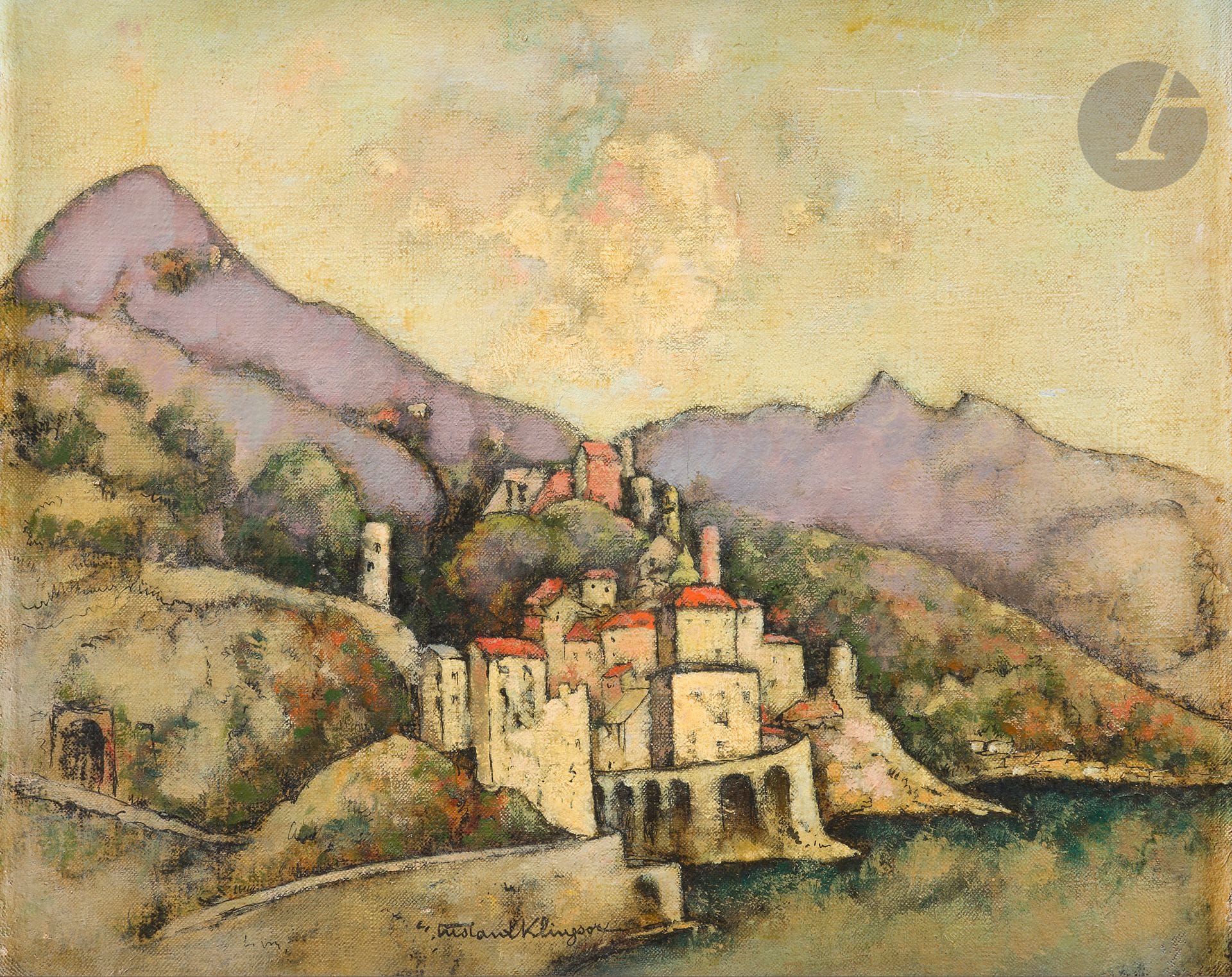 Tristan KLINGSOR (1874-1966)
Village au bord d’un lac
Huile sur toile.
Signée en pied.
38 x 46 cm