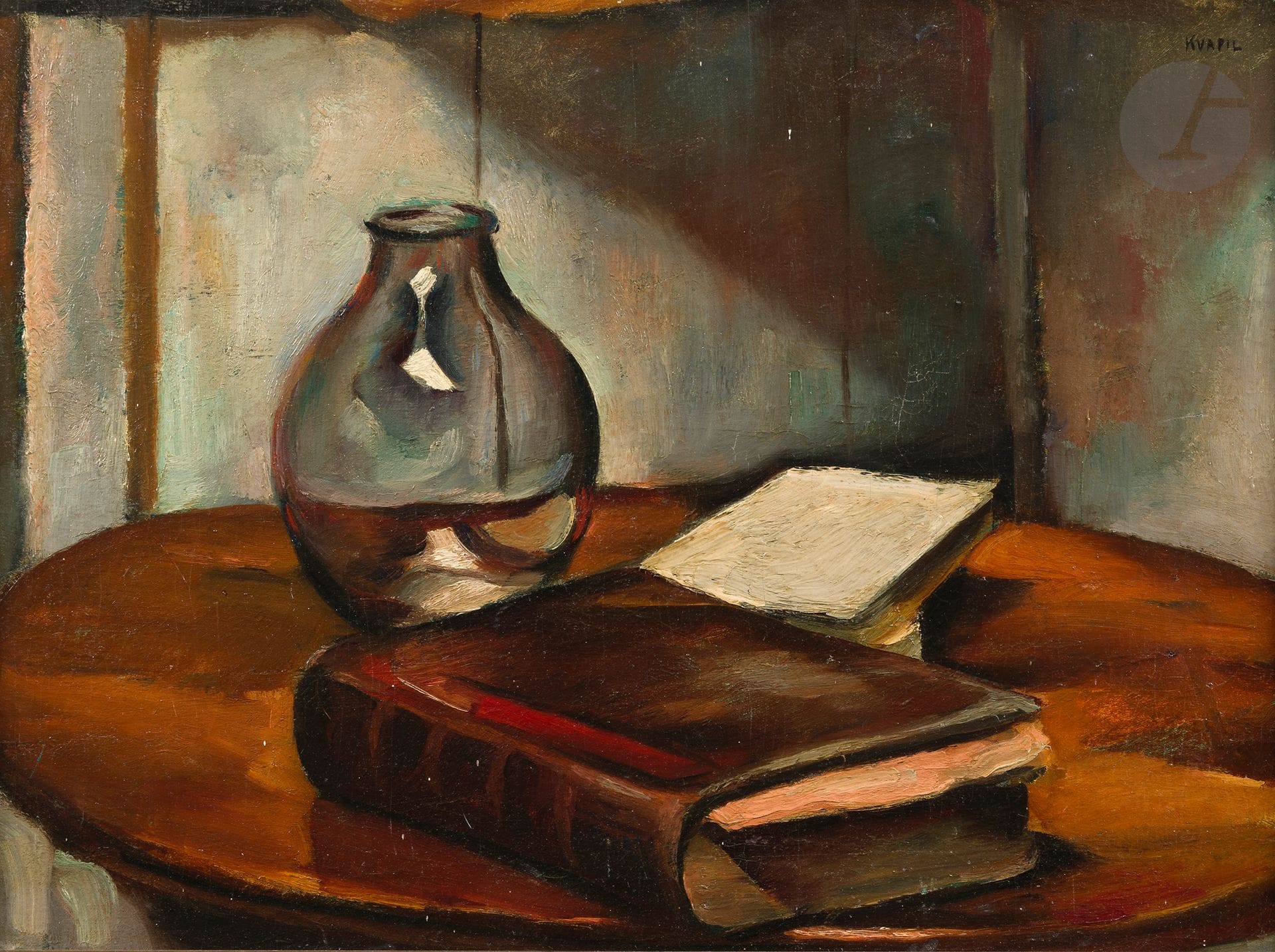 Charles KVAPIL (1884-1958)
Nature morte aux livres, vers 1930
Huile sur toile.
Signée en haut à droite.
(Rentoilée).
46 x 55 cm