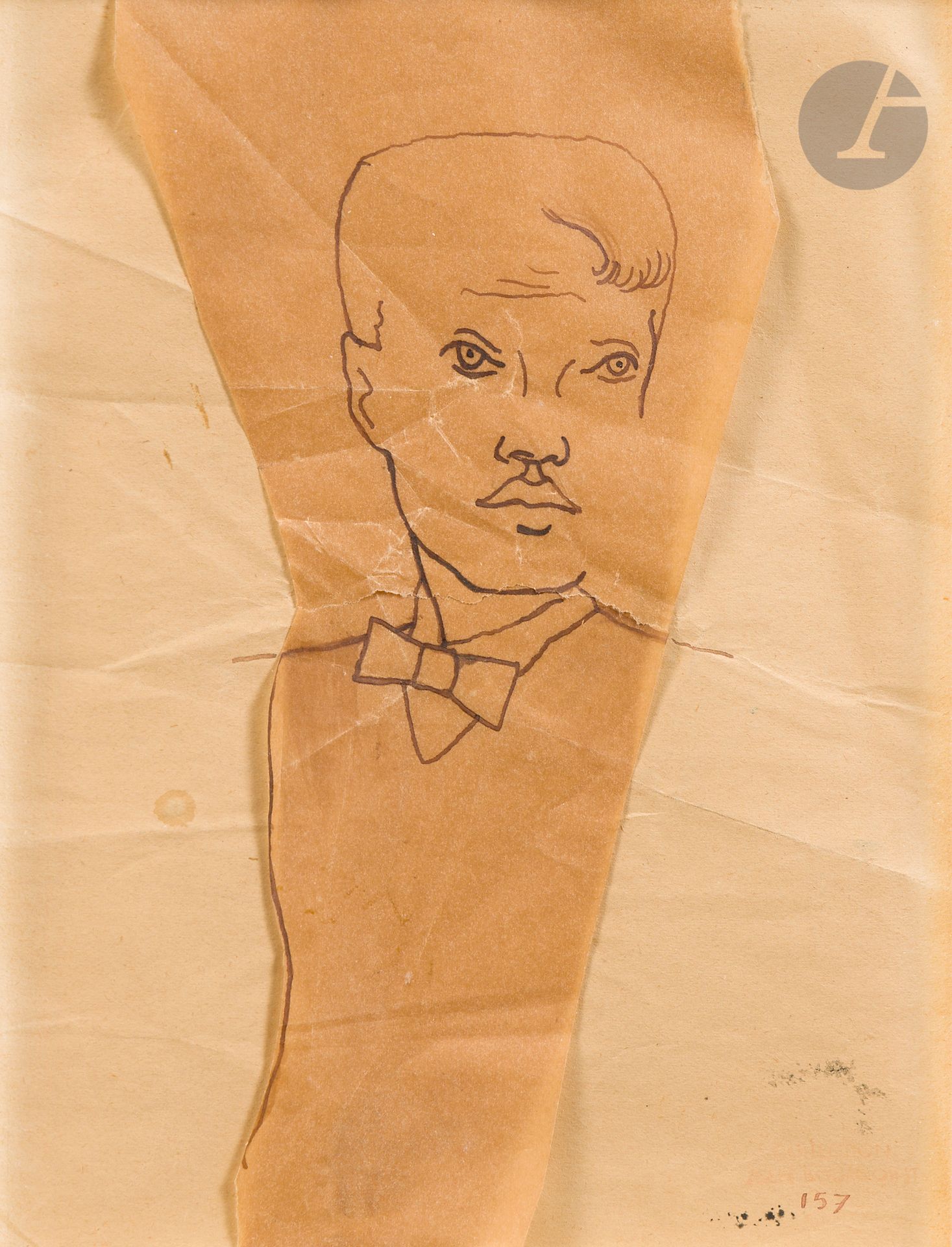Christian BÉRARD (1902-1949)
Portrait de René Crevel
Encre sur papier calque découpé.
(Papier froissé avec déchirures).
Projet pour le frontispice de Babylone de R. Crevel (Sagittaire, 1927).
16 x 12,5 cm