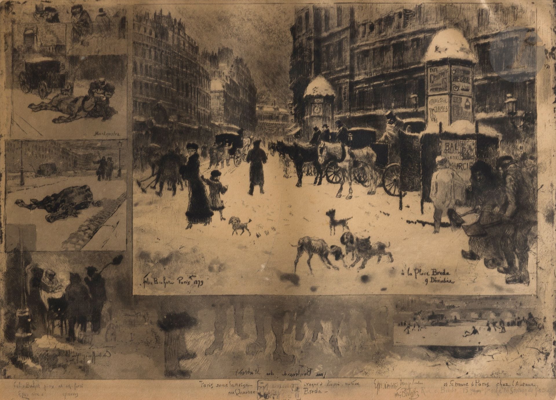 Félix BUHOT (1847-1898) 
L’Hiver à Paris, ou La Neige à Paris, 1879 
Eau-forte, pointe sèche et vernis mou. À vue : 26 x 36 cm. Bourcard, Goodfriend 128. Très belle épreuve sur japon ou vélin mince, chargée de barbes, du 4e état (sur 5), selon Bourcard ou du 6e (sur 9), selon Goodfriend, avant effaçage des trois chiens au premier plan, avec les balayeurs, homme et femme, en place du balayeur de dos, avant la mention L’Art, avant le monogramme de l’artiste et le numéro 25 et avant le titre en petites capitales « L’Hiver de 1879 à Paris », augmentée d’une bande de vélin mince de 12 mm raboutée en pied, portant les textes gravés suivant : 
- à gauche sur deux lignes : Felix Buhot pinx et aq-forti / Etat tire a [ ] epreuves 
- au centre, de part et d’autre d’un petit cartel contenant le croquis d’un cocher menant son fiacre, la mention Paris sous la neige / croquis d’après nature / au Quartier Breda 
- à droite sur deux lignes : se Trouve à Paris chez l’Auteur / Rue de Breda 15 [croquis d’un fiacre] proche la Station de fiacres. 

Annotation à la plume et à l’encre dans la tablette : « Epr. d’artiste Imp. par l’auteur » et signature de l’artiste. Plusieurs petites cassures ou fractures dans les marges, à la limite du passe-partout. Marges. Cadre (non examinée hors du cadre).