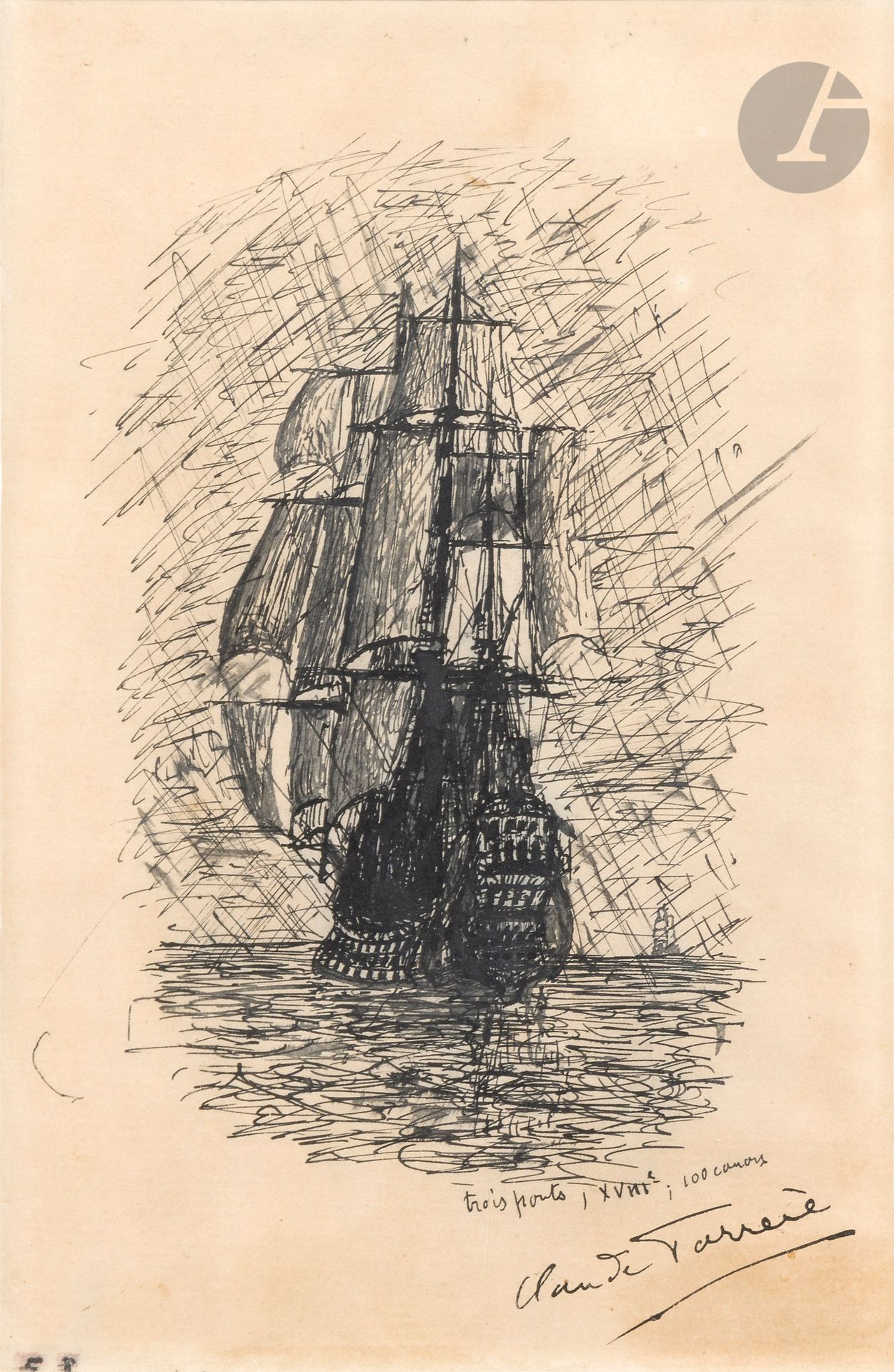 Claude FARRÈRE (1876-1957)
Sailboat
Ink.
Signed lower right and captioned "trois ponts, XVIIIe, 100 canons".
19.5 x 12.5 cm

Bibliography : 
Dessins d'écrivains, Paris, Éditions du Chêne, 2003, p. 58.