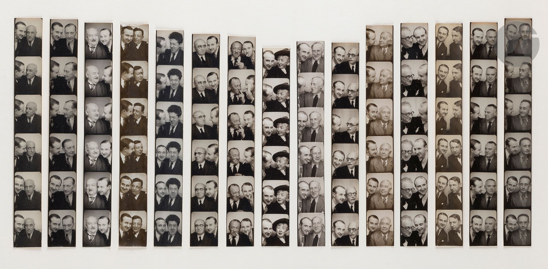 PHOTOMATON - Willy MICHEL
Portraits d’artistes et d’écrivains en compagnie de Willy Michel, vers 1935
Max Jacob. Michel Simon. Paul Claudel. Blaise Cendrars. Marie Laurencin. Paul Valéry. Sacha Guitry. Francis Carco. Pierre Mac Orlan. Henry de Montherlant. 
15 épreuves argentiques d’époque (bandes Photomaton composées de 6 vues), montées sur carton. 
Formats : de 30 x 4 à 26 x 4 cm - cadre