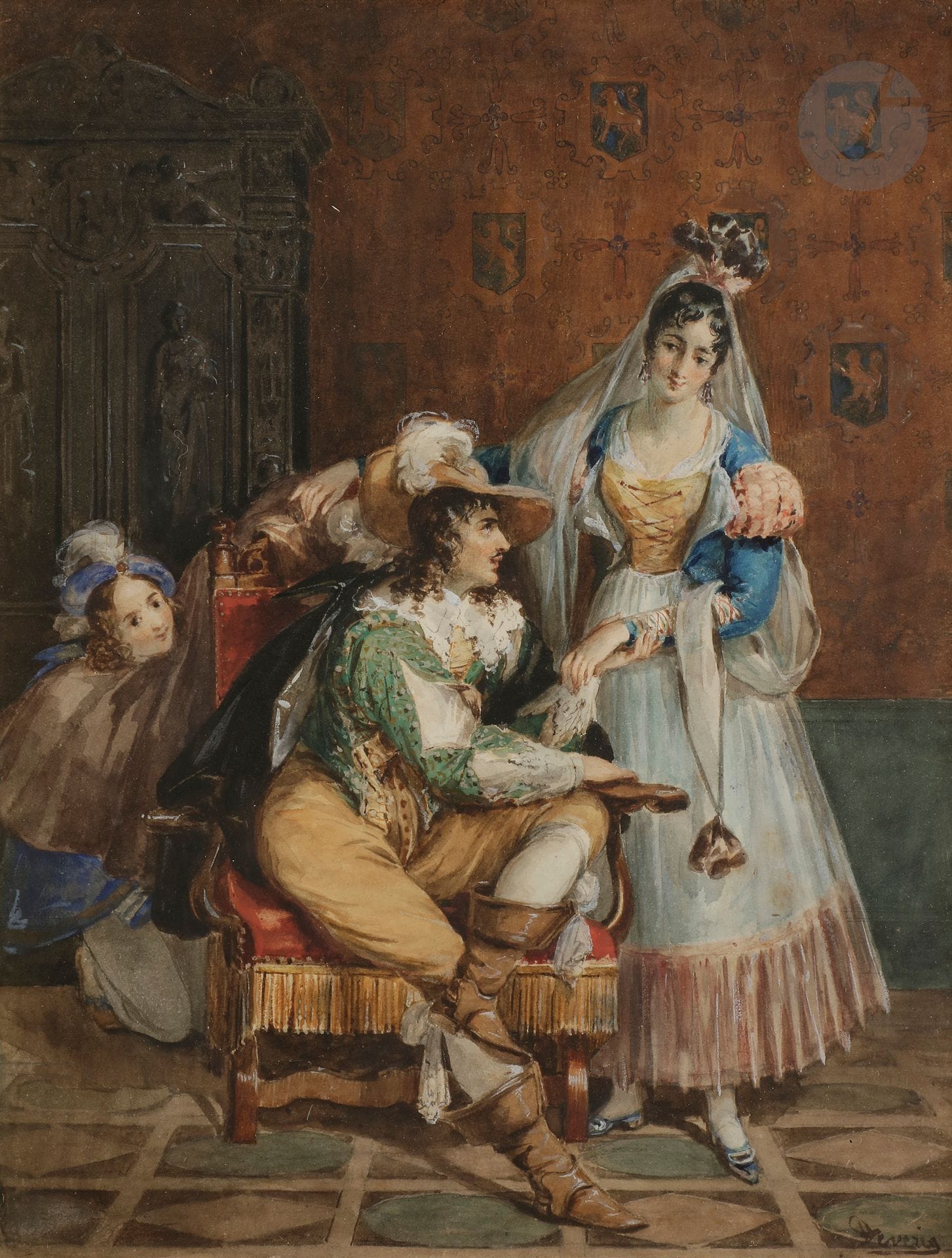 Achille DEVÉRIA (1800-1857)
Scène galante du XVIIe siècle
Aquarelle gouachée.
Signée en bas à droite.
25,5 x 20 cm