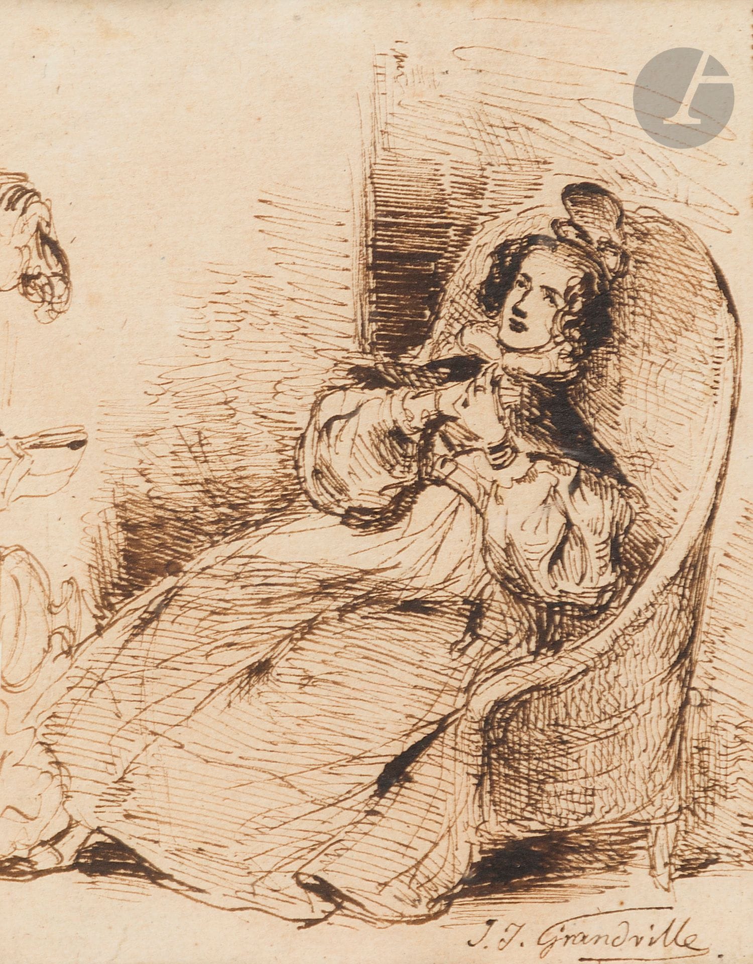 Jean Ignace Isidore GRANDVILLE (1803-1847)
Femme au fauteuil
Plume et encre brune.
Signée en bas à droite.
10 x 8 cm