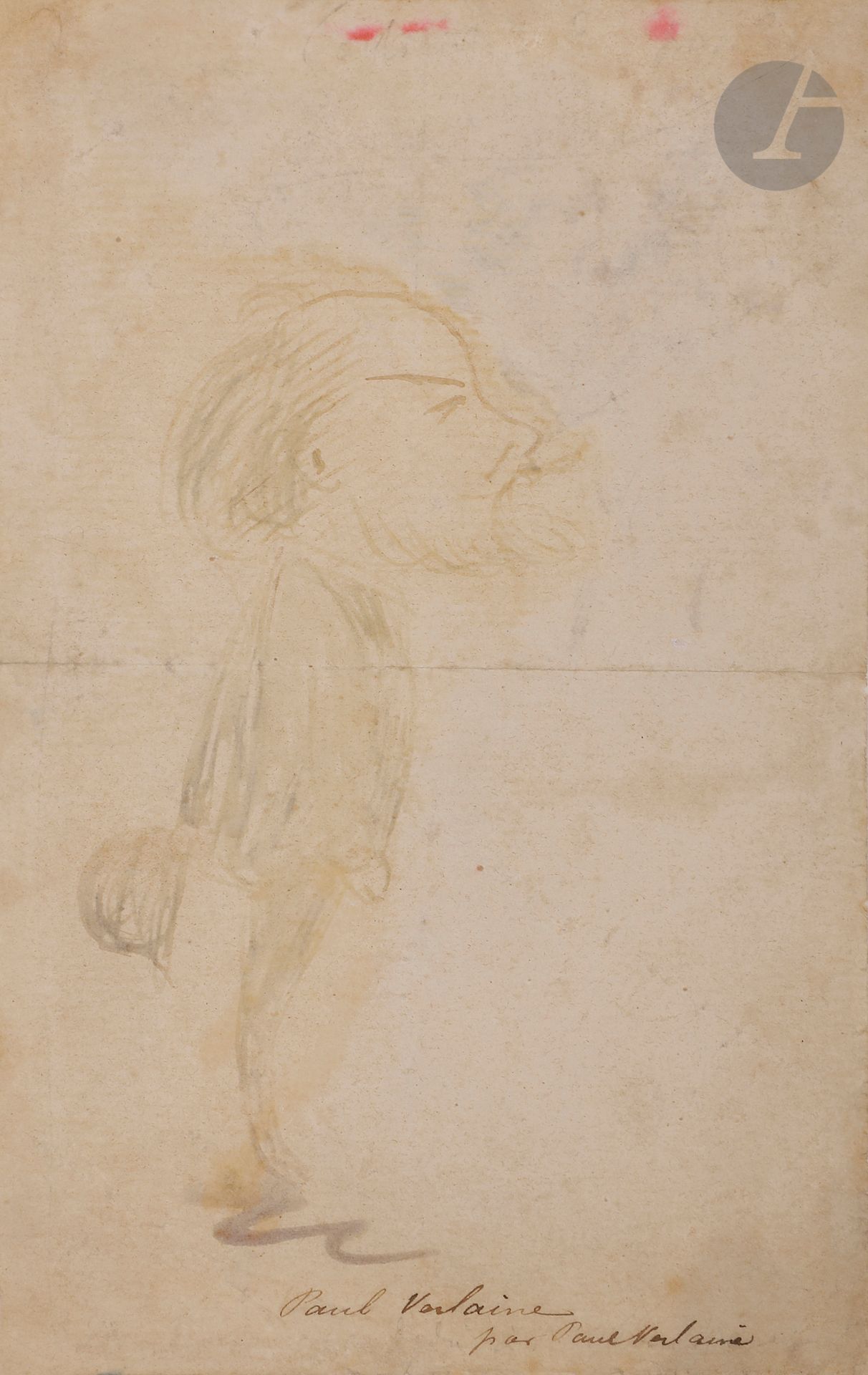 Paul VERLAINE (1844-1896)
« Paul Verlaine par Paul Verlaine »
Lavis d’encre.
Légende autographe en pied.
(Pli médian, taches et encre insolée).
20,5 x 13 cm

Provenance : 
Collection Jacques Guérin (7e partie), vente Ader-Tajan, Hôtel Drouot, Paris, 20 mai 1992, n° 101.

Exposition : 
L’Un pour l’autre, les écrivains dessinent, Imec, Caen - Musée Berardo, Lisbonne - Musée Communal, Ixelles, janvier 2008 – janvier 2009, n° 11.

Bibliographie : 
- Dessins d’écrivains, Paris, Éditions du Chêne, 2003, p. 43.
- Claude Jeancolas, Passion Rimbaud : l’album d’une vie, Paris, Textuel, 1998, reproduit p. 116.