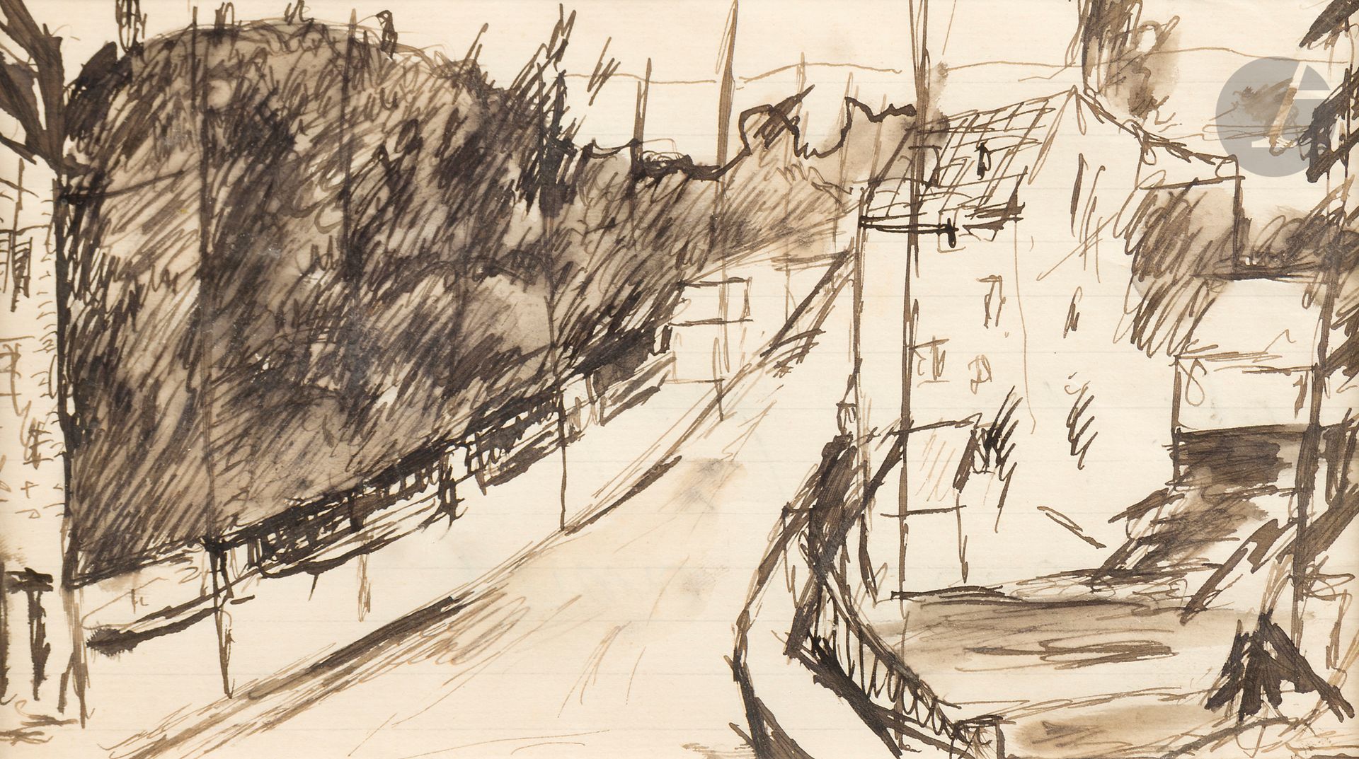 Max JACOB (1876-1944)
Suburban street
Ink and ink wash.
Signed and annotated on the back "Train de 2 h. 40 ".
12 x 20 cm

Provenance : 
Guillaume Apollinaire Collection, Mes Couturier-Nicolaÿ, Hôtel Drouot, Paris, June 25, 1986, no. 97.

Exhibition: 
El poeta como artista, Las Palmas, April 4 - May 21, 1995.