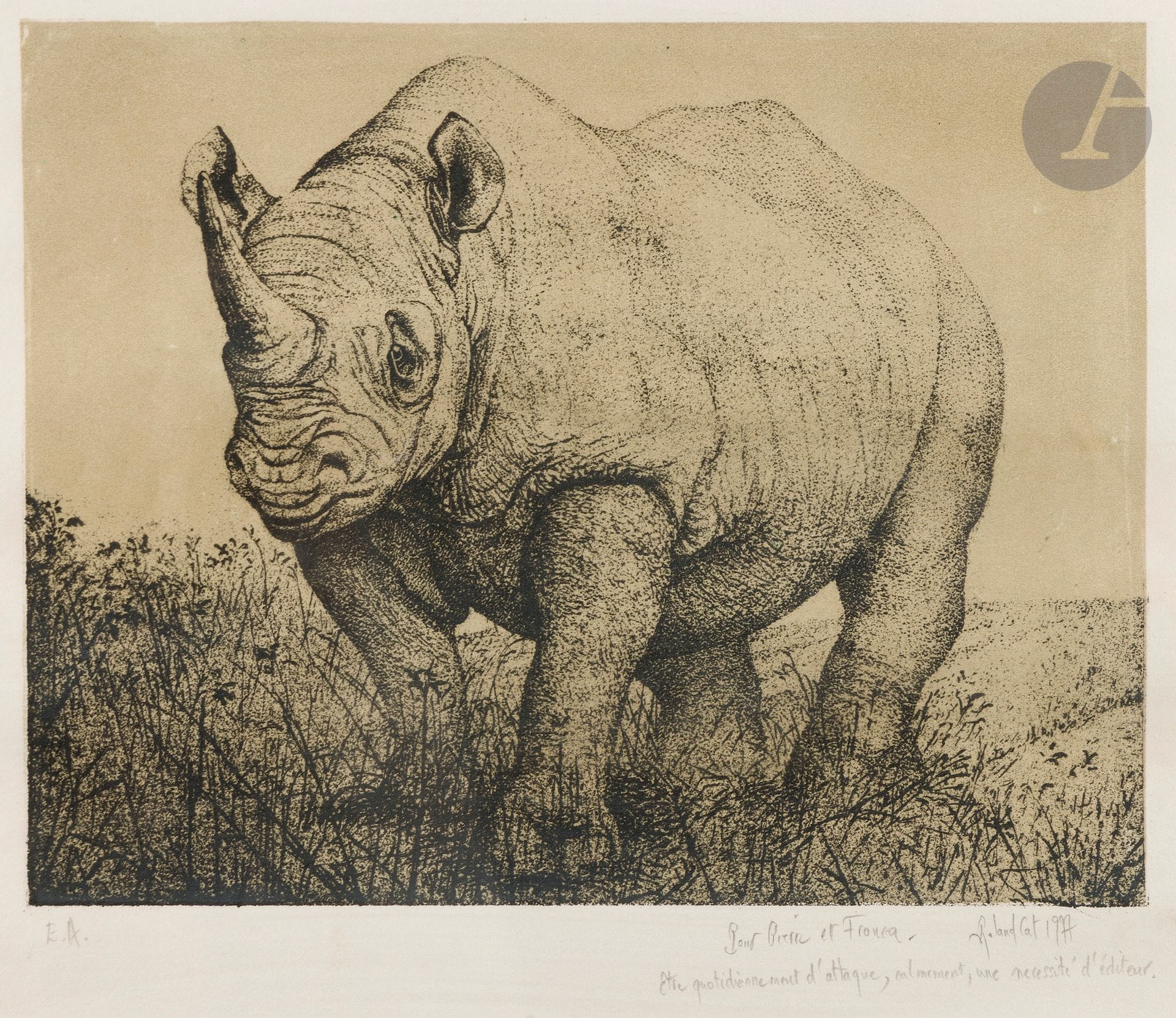 Roland CAT (1942-2016)
Rhinoceros, 1977
Etching and aquatint.
Signed, dated, annotated "E.A" and dedicated "Pour Pierre et Franca - être quotidiennement d'attaque, calmement, une nécessité d'éditeur".
49 x 35 cm