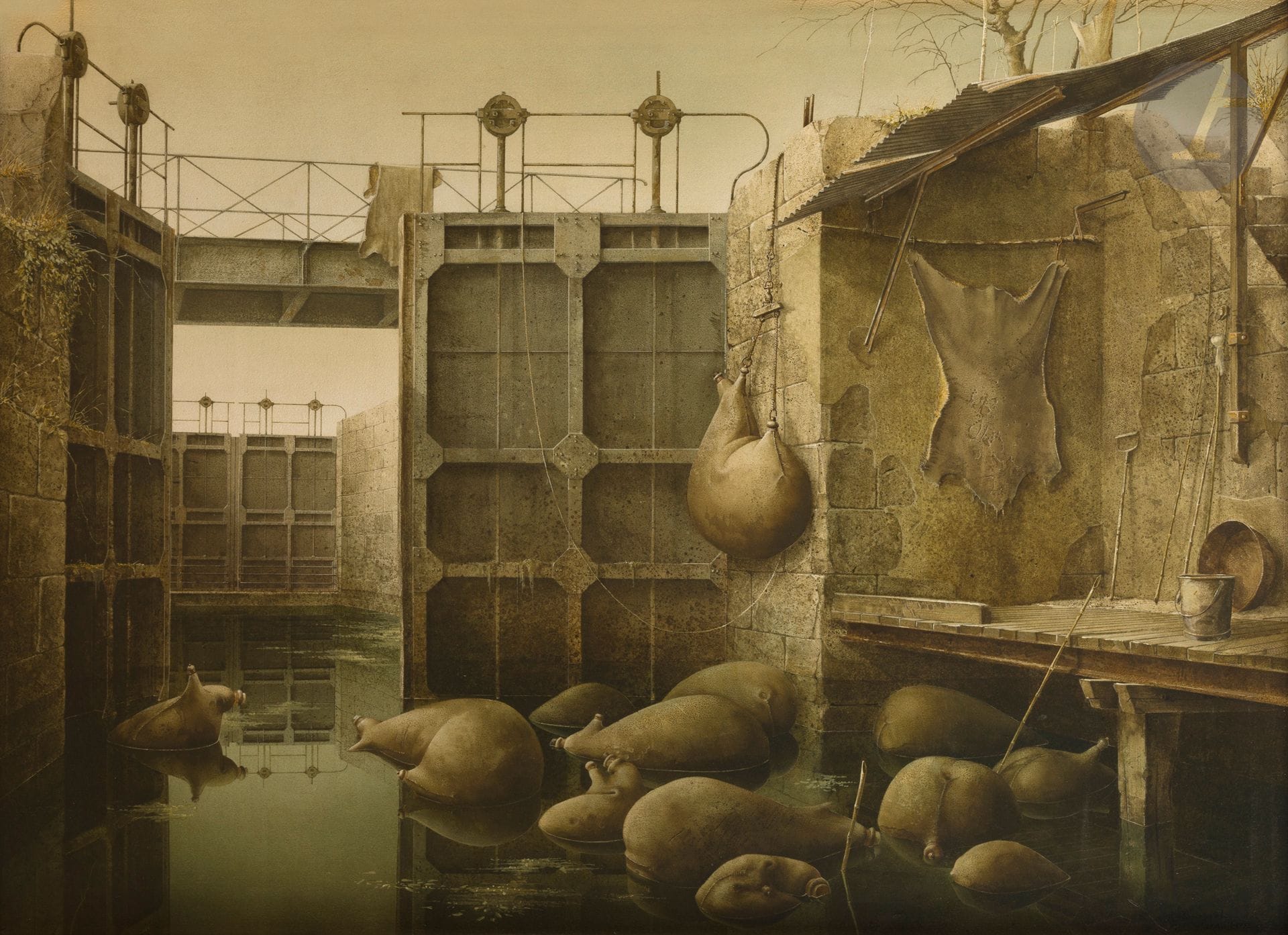 Jean-Marie POUMEYROL (b. 1946)
Les Outres, 1978
Acrylic on panel.
Signed and dated lower right.
Titled on back on frame.
73 x 100 cm