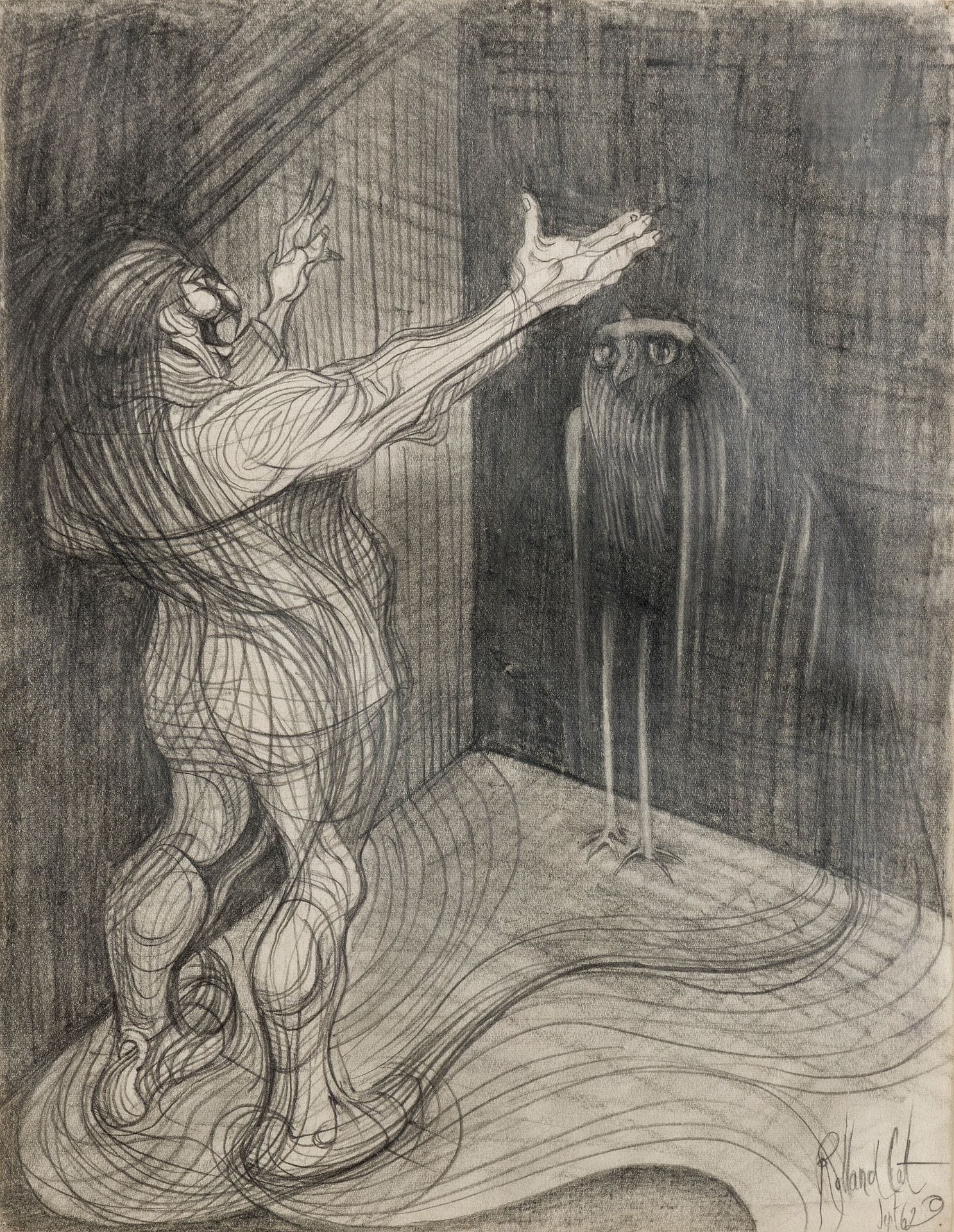 Roland CAT (1942-2016)
On me fait tout un discours, 1962
Mine de plomb et estompe.
Signée, datée et titrée en bas à droite.
33,5 x 26 cm