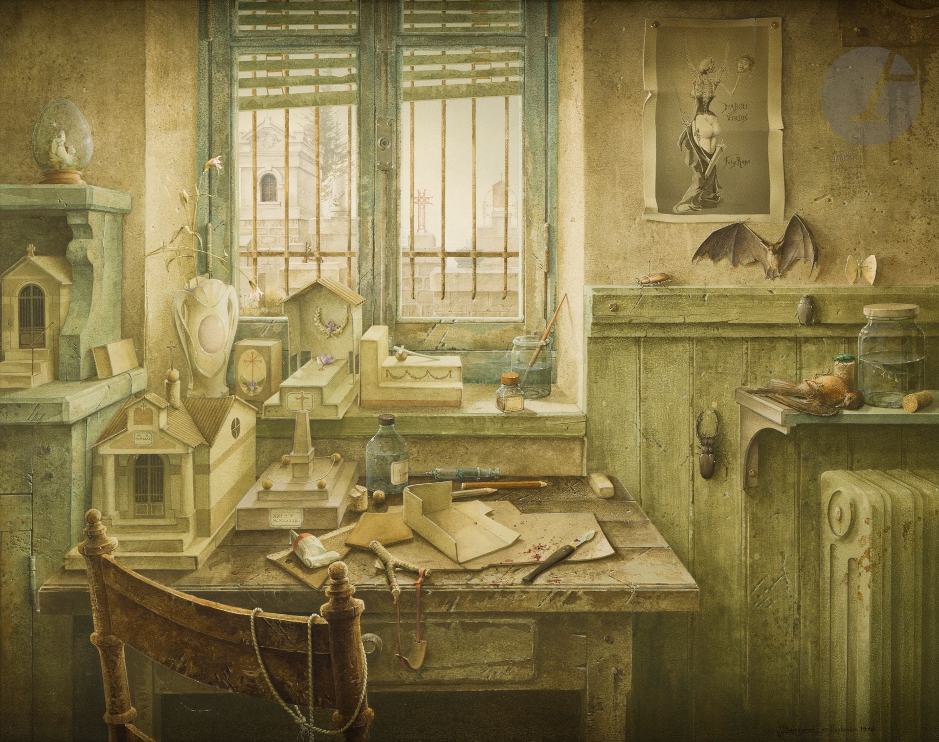 Jean-Marie POUMEYROL (né en 1946)
Les Sépulcres, 1978
Acrylique sur panneau.
Signée et datée en bas à droite.
Titrée au dos.
(Petite griffure).
73 x 92 cm