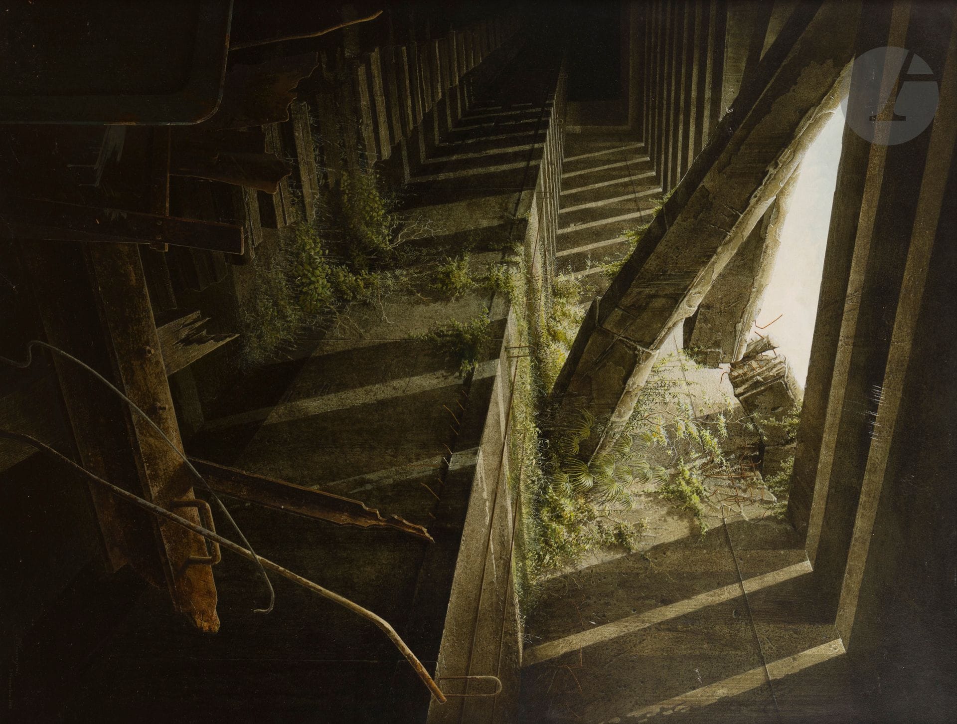 Jean-Marie POUMEYROL (né en 1946)
Le Berceau ou Passage II, 1983
Acrylique sur panneau.
Signée et datée en bas à droite.
(Griffures).
116 x 89 cm

Exposition : 
Les Figurations des années 60 à nos jours, Musée d’Art contemporain de Dunkerque, 3 octobre – 12 novembre 1986 (étiquette au dos).