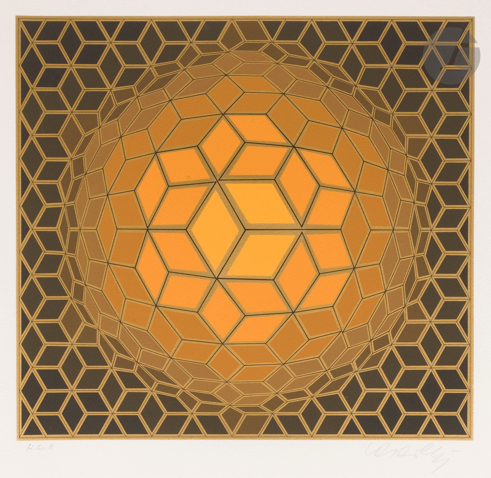 Victor VASARELY (1906-1997)
Roubaud (Jacques). Étoffe Un. Fribourg, GK SA, 1975 
Un vol. grand in-4 [47 x 44 cm] contenant 4 sérigraphies en couleurs sur vélin blanc fort, très fraîches, justifiées et signées au crayon, sous chemise de papier calque portant leur titre imprimé. Texte et planches sous chemise imprimées. L’un des exemplaires hors-commerce (tirage total inconnu). Cartonnage bleu ciel toilé avec titre imprimé sur le plat supérieur.