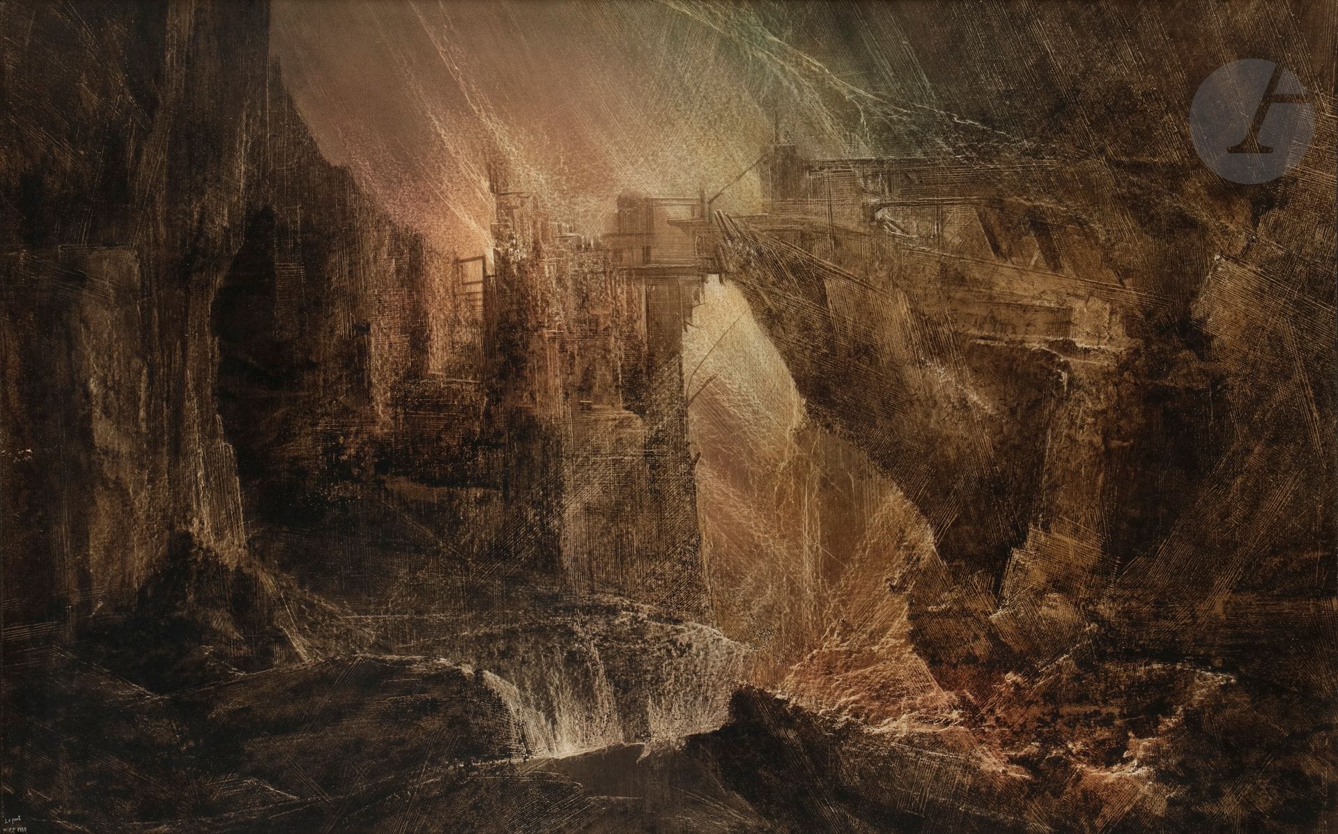 Roland CAT (1942-2016)
Le Pont, 1980
Encre sur papier préparé au kaolin.
Signée, datée et titrée en bas à gauche.
64 x 99,5 cm

Provenance : 
Galerie Schwab Beaubourg, Paris (étiquette au dos).