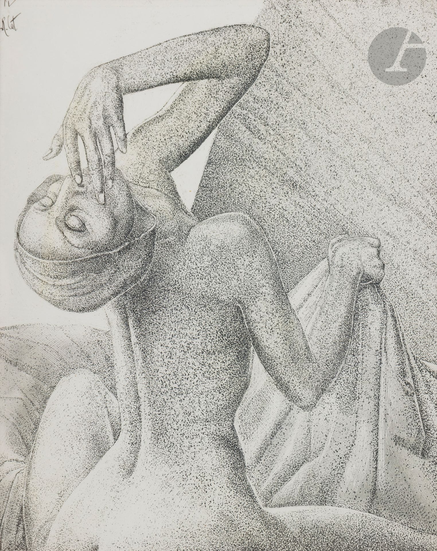 Roland CAT (1942-2016)
La Blanchisseuse en extase, 1970
Encre.
Signée en haut à gauche.
Datée et titrée sur le montage.
19 x 15,5 cm