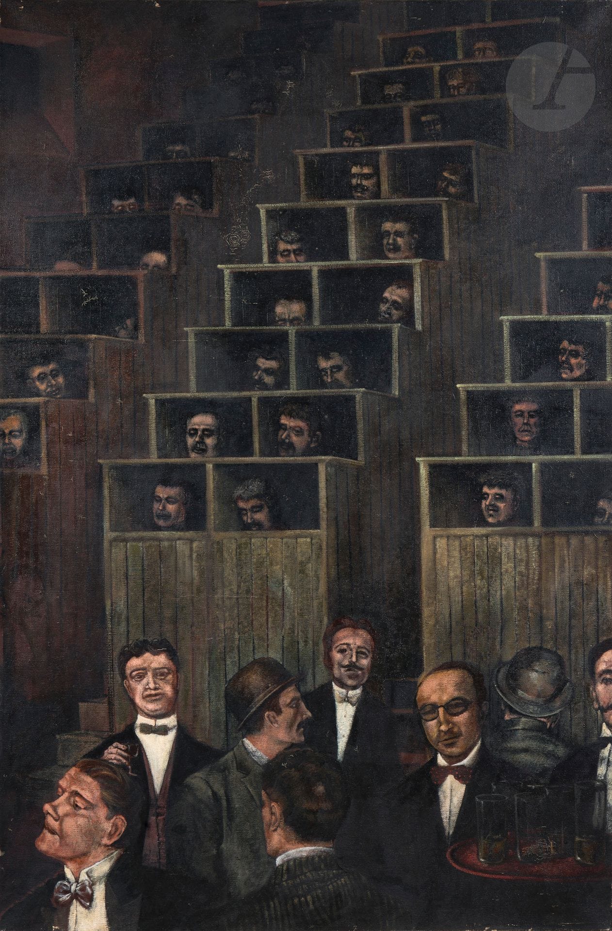 Christian ZEIMERT (1934-2020)
Détenus de soirée, 1979
Huile sur toile.
Signée, datée et titrée au dos.
(Usures).
146 x 97 cm