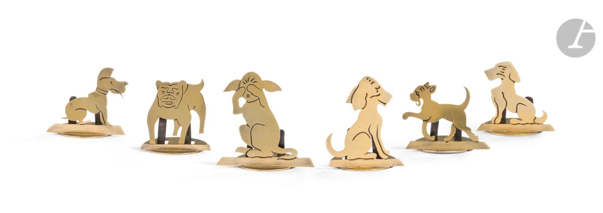 *FRANCE XXe siècle
Ensemble de porte-noms en vermeil figurant des chiens dans le goût de Benjamin Rabier, dans un écrin signé LENOIR, revendeur, rue Royale, au même titre que les chiens.
Poinçonnés au sanglier
Poids : 45,8 cm