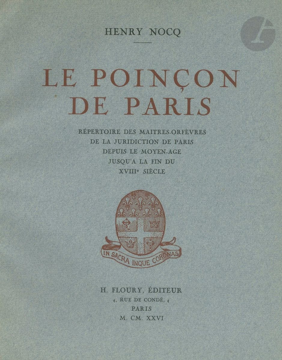 3 volumes :
- NOCQ Henry
Le poinçon de Paris, Répertoire des maîtres-orfèvres de la juridiction de Paris depuis le Moyen-âge jusqu'à la fin du XVIIIe siècle. Tome 1 - A à C. Exemplaire n°271 sur 600.
H. Floury éditeur, 1926
- NOCQ Henry 
Le poinçon de Paris, Répertoire des maîtres-orfèvres de la juridiction de Paris depuis le Moyen-âge jusqu'à la fin du XVIIIe siècle. Tome 2 - D à K - 1 
H. Floury éditeur, 1927.
- NOCQ Henry 
Le poinçon de Paris, Répertoire des maîtres-orfèvres de la juridiction de Paris depuis le Moyen-âge jusqu'à la fin du XVIIIe siècle. Tome 3 - L à R - 1
H. Floury éditeur, 1928.