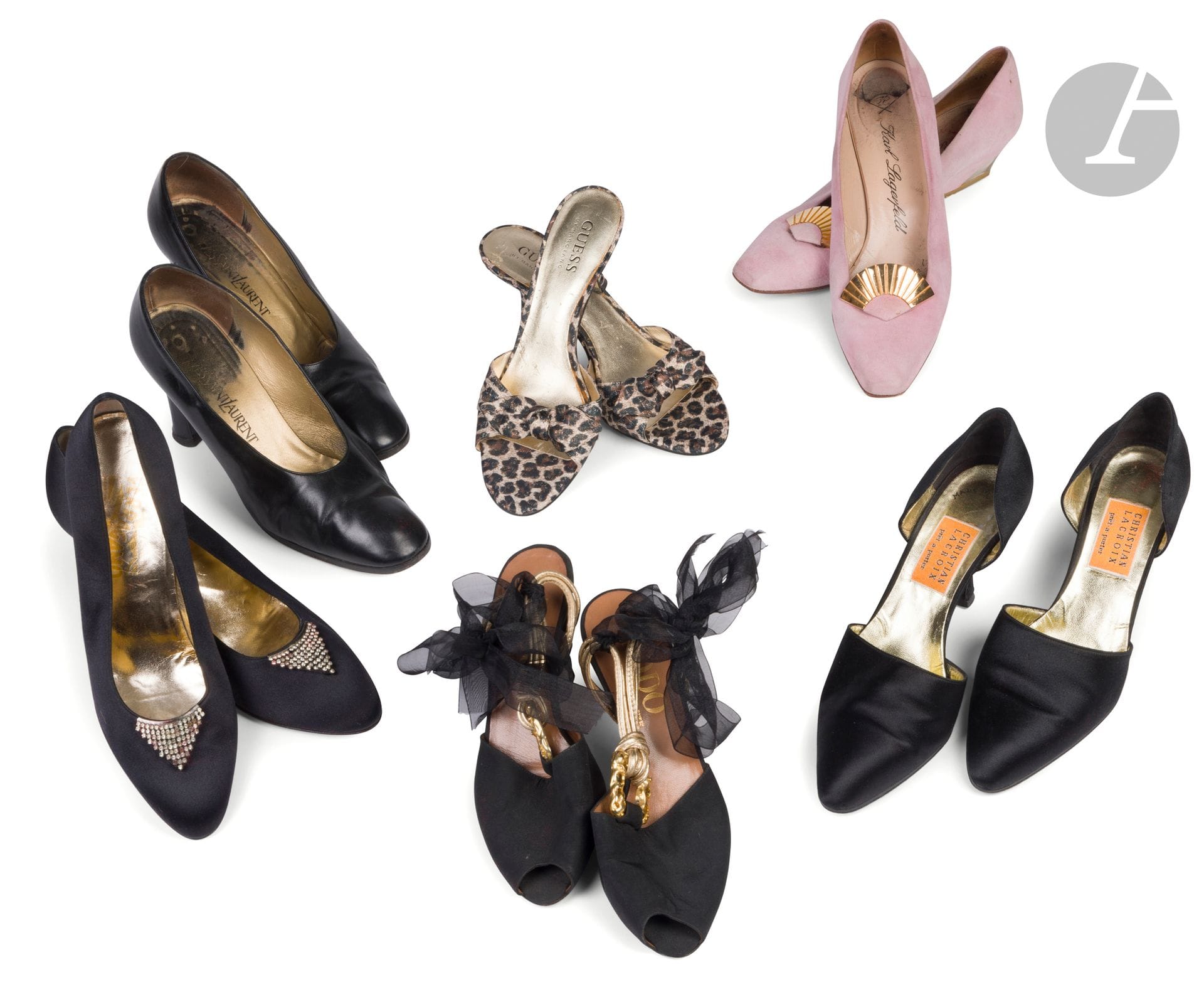 Lot de 6 paires d'escarpins dont FERRAGAMO, YVES SAINT LAURENT, Christian LACROIX, LAGERFELD. T.35 1/2 à 37 indiquées (traces d'usage, en l'état)
