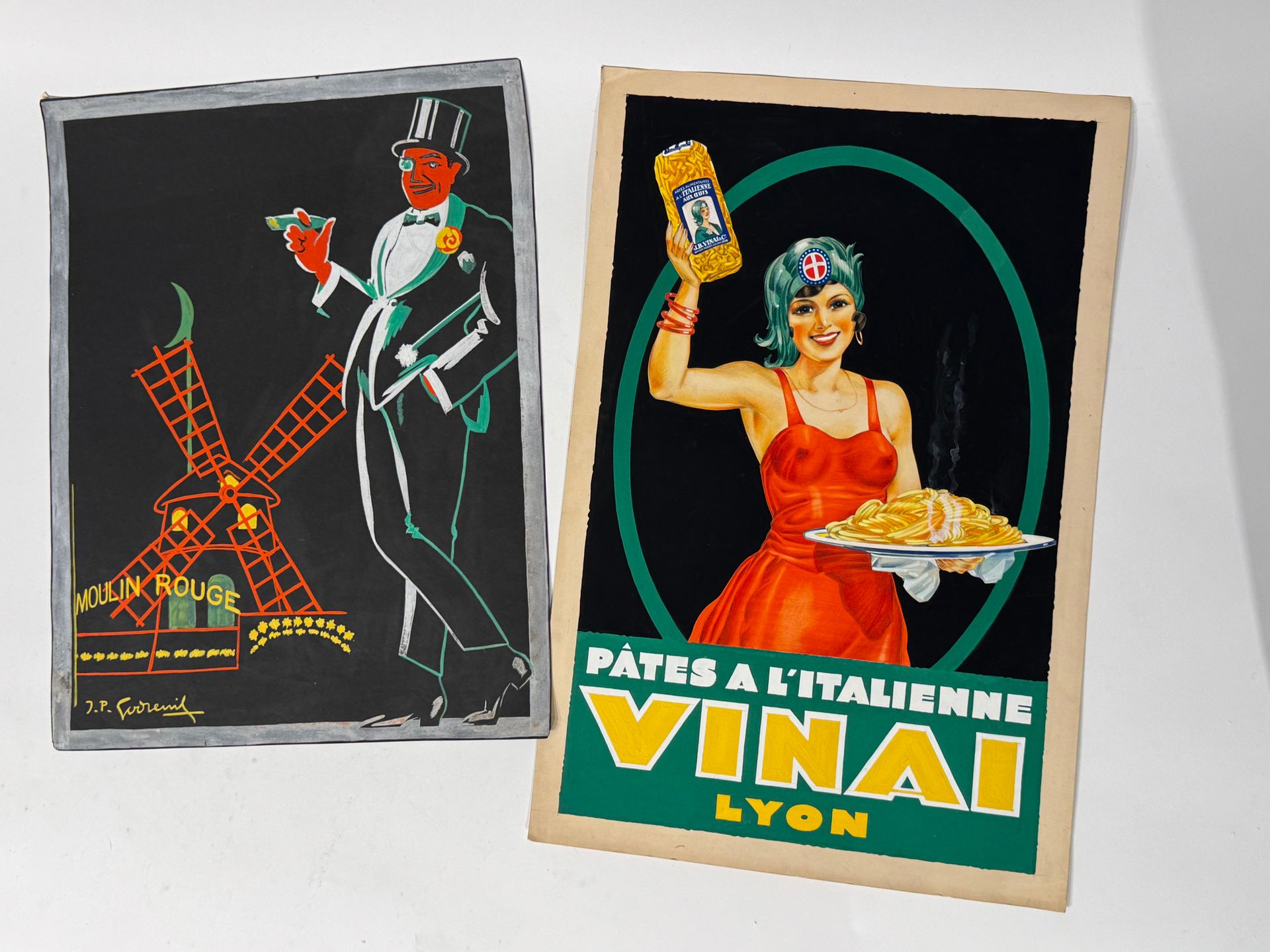 Lot de 2 maquettes publicitaires : 
- Pates a l'italienne VINAI Lyon, Gouache sur carton, 60 x 40 cm, tampn au dos "Société des affiches Gaillard, Agence régionale, L.Pergier".
- Le Moulin Rouge, gouache sur papier noir, signée en bas à gauche. 52 x 40 cm