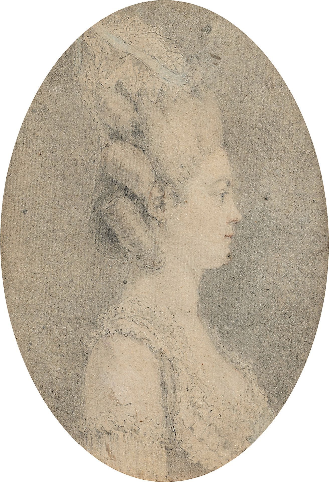 Augustin de Saint- AUBIN (Paris 1736 - 1807)
Portrait de femme de profil
Crayon noir, estompe et rehauts, touche de sanguine et crayon bleu.
14 x 11 cm dans un ovale
