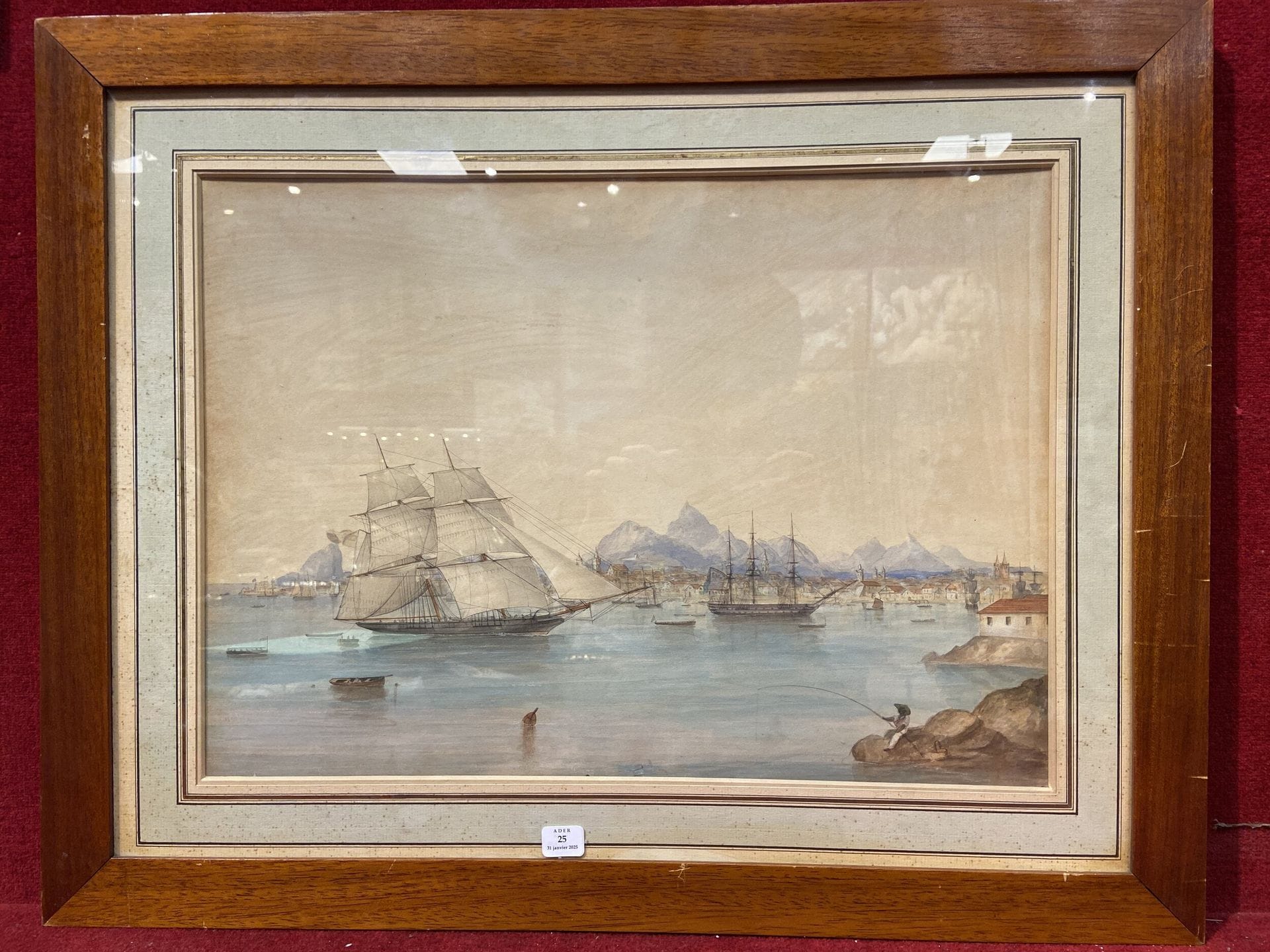 Attributed to Emeric Essex VIDAL (Brentford 1791 - Brighton 1861) 
Boats in the Bay of Rio
Watercolor and gouache highlights.
(Traces of gluing, particularly in the sky). 
32 x 46 cm
Vidal is the descendant of Huguenots who fled the revocation of the Edict of Nantes in 1685. He traveled in South America, particularly Brazil, between 1818 and 1835.