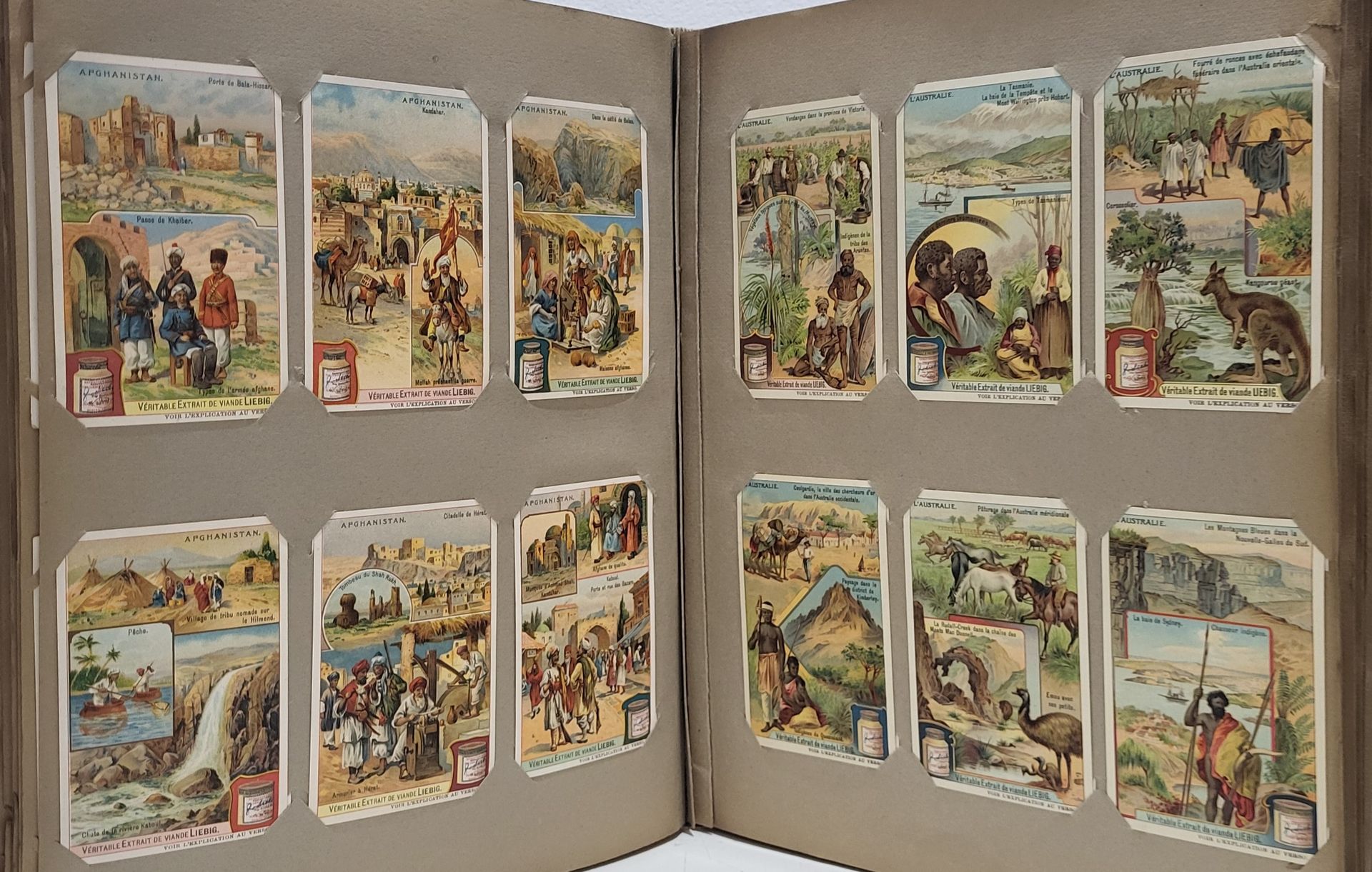 Collection de cartes publicitaires liebig dans un album. la couverture ornée d'une femme cueillant du gui.