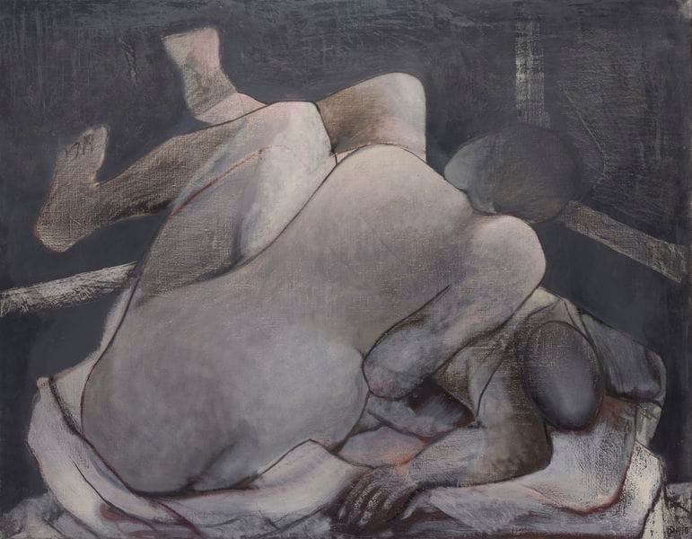 Henri DECHANET (1930-2019)
Le Couple, 1970
Huile sur toile.
Monogrammée et datée en bas à droite.
Signée, datée et titrée au dos.
81 x 101 cm
Provenance : 
Galerie Framond, Paris (étiquette au dos).