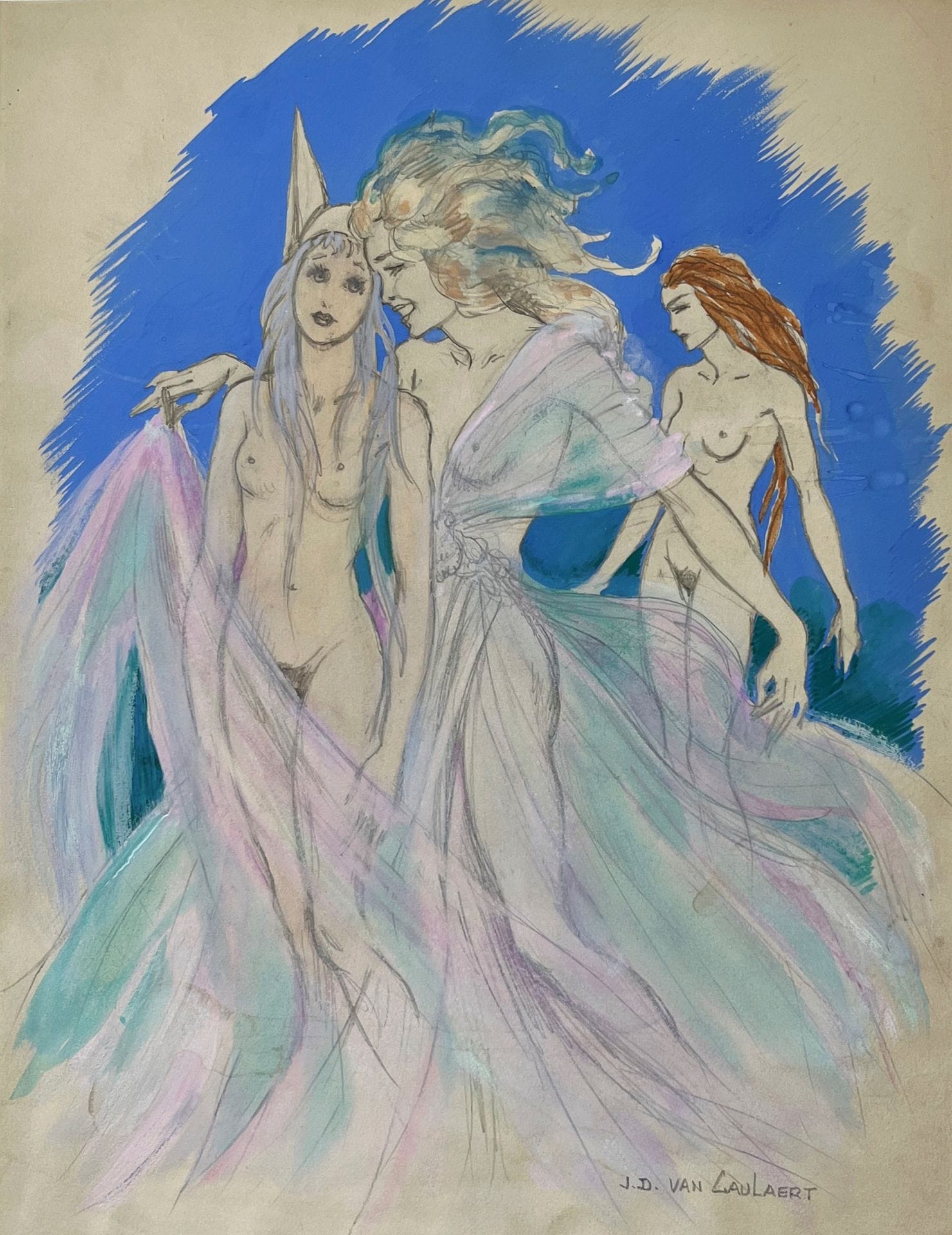 Jean-Dominique VAN CAULAERT (1897-1979)
Three nymphs
Gouache over pencil lines.
Signed lower right. 
32.5 x 24.5 cm
The same subject in ink and watercolor.