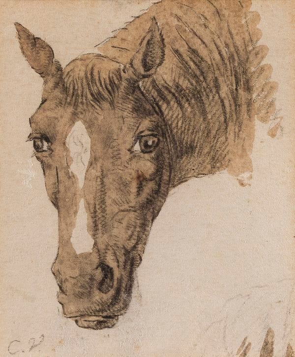 Dans le goût de Carle VERNET (1758-1836)
Tête de cheval
Encre brune.
Monogramme apocryphe en bas à droite.
8 x 16.5 cm