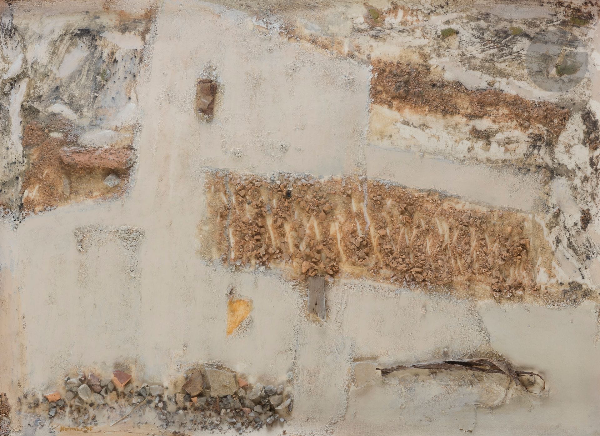 Pierre HUMBERT (1929-2016)
La Mouche sur le toit, 1970
Huile et collage de sable, de pierres, de bois et d'écorce sur papier.
Signée en bas à gauche.
56 x 76 cm
Provenance : 
Galerie Framond, Paris (étiquette au dos).