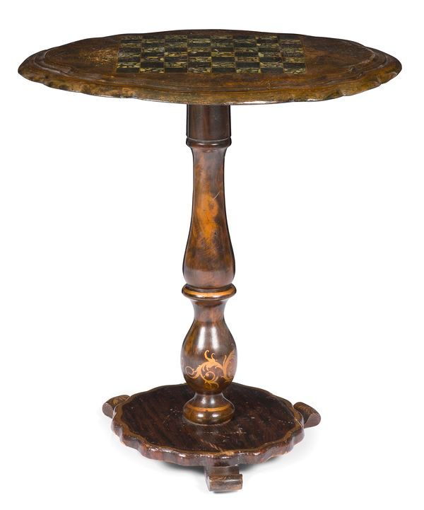 Guéridon en bois et papier maché peint en faux bois, le plateau polylobé à l’imitation d’un damier burgoté, le fût en balustre reposant sur une base circulaire à bord ondulé ; (petits accidents et manques).
Epoque Napoléon III.
H : 66 cm, L : 60 cm, P : 49 cm