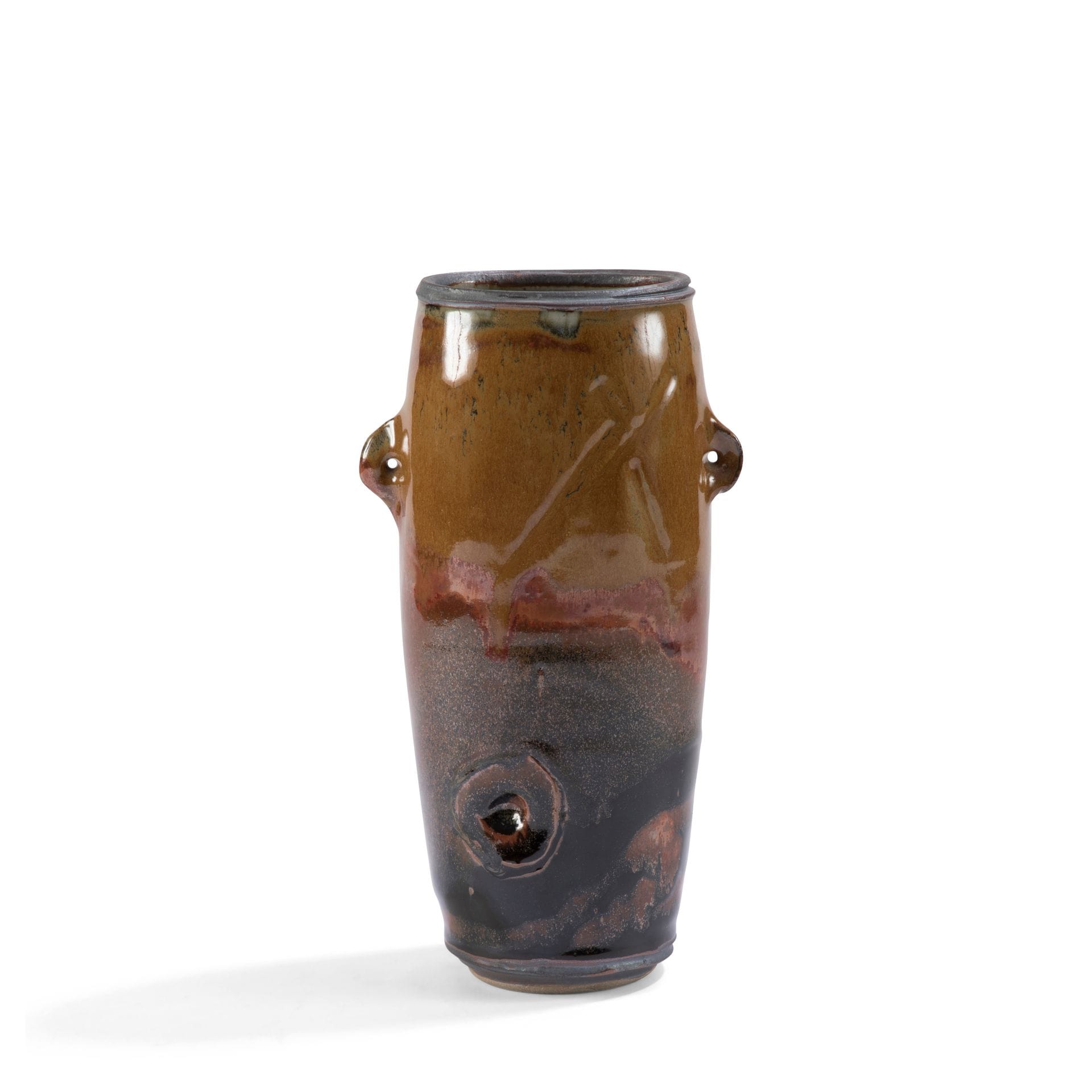 CHARLES HAIR (B. 1955)
Flat vase with oval cross-section and two small detached handles, featuring two craters at the bottom. 
Enameled stoneware proof. 
Signed Ch. HAIR under the base. 
H. 16.5cm
