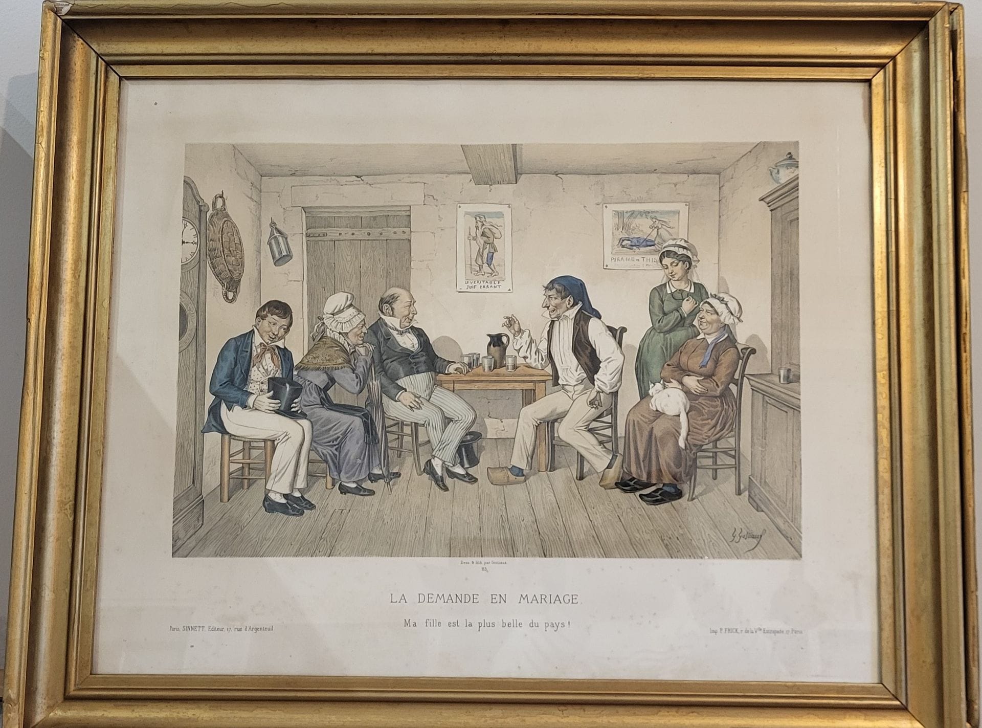 D'après GOSTIAUX
La Demande en mariage - Le Mariage à la mairie 
Deux lithographies en couleur. 
Ed. Sinnett, imprimerie Frick, Paris. 
46 x 59 (à vue). 
Cadres.