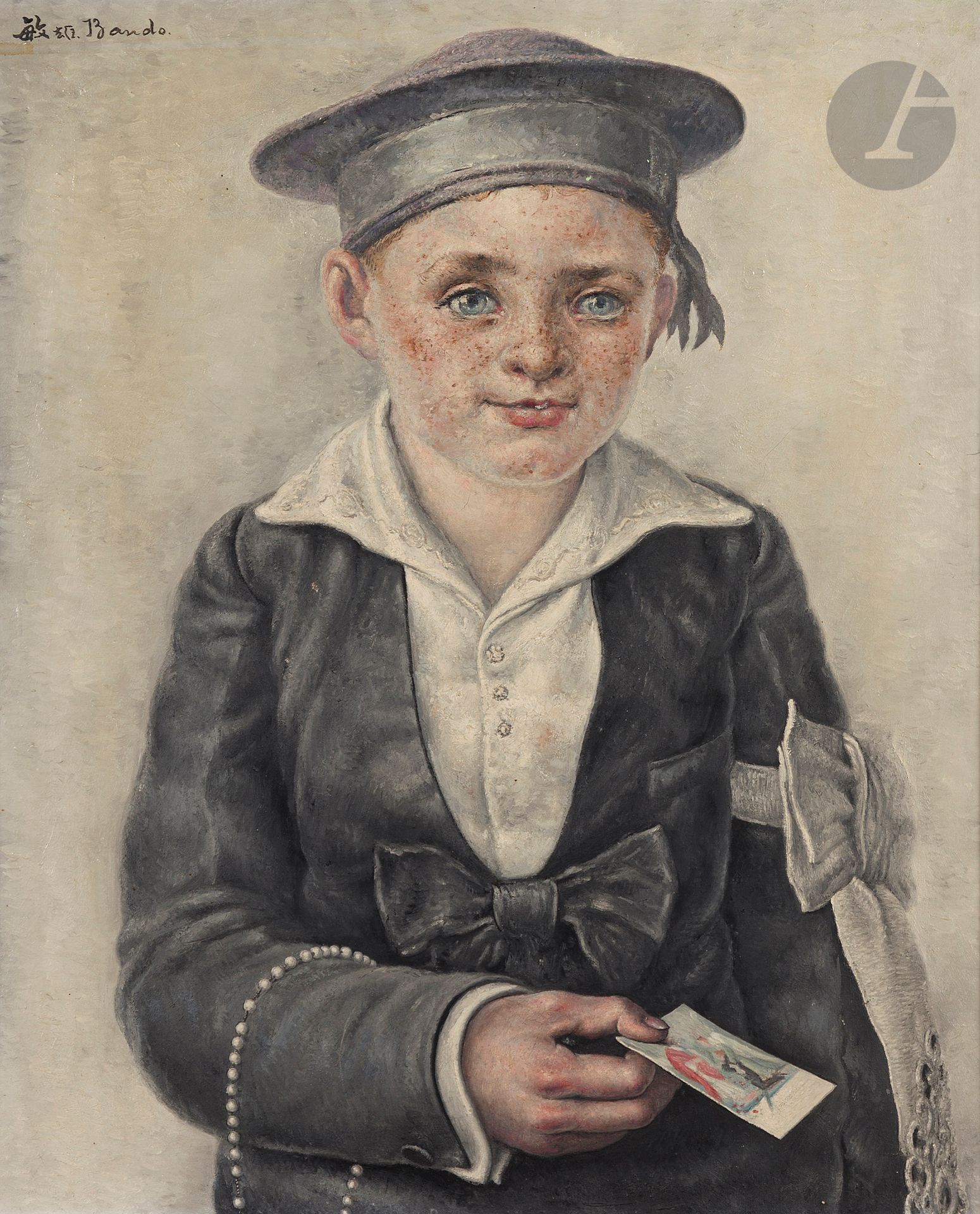Toshio BANDO [japonais] (1895-1973)
Petit garçon au béret ou Le Communiant, vers 1932
Huile sur toile.
Signée en haut à gauche.
55 x 46 cm