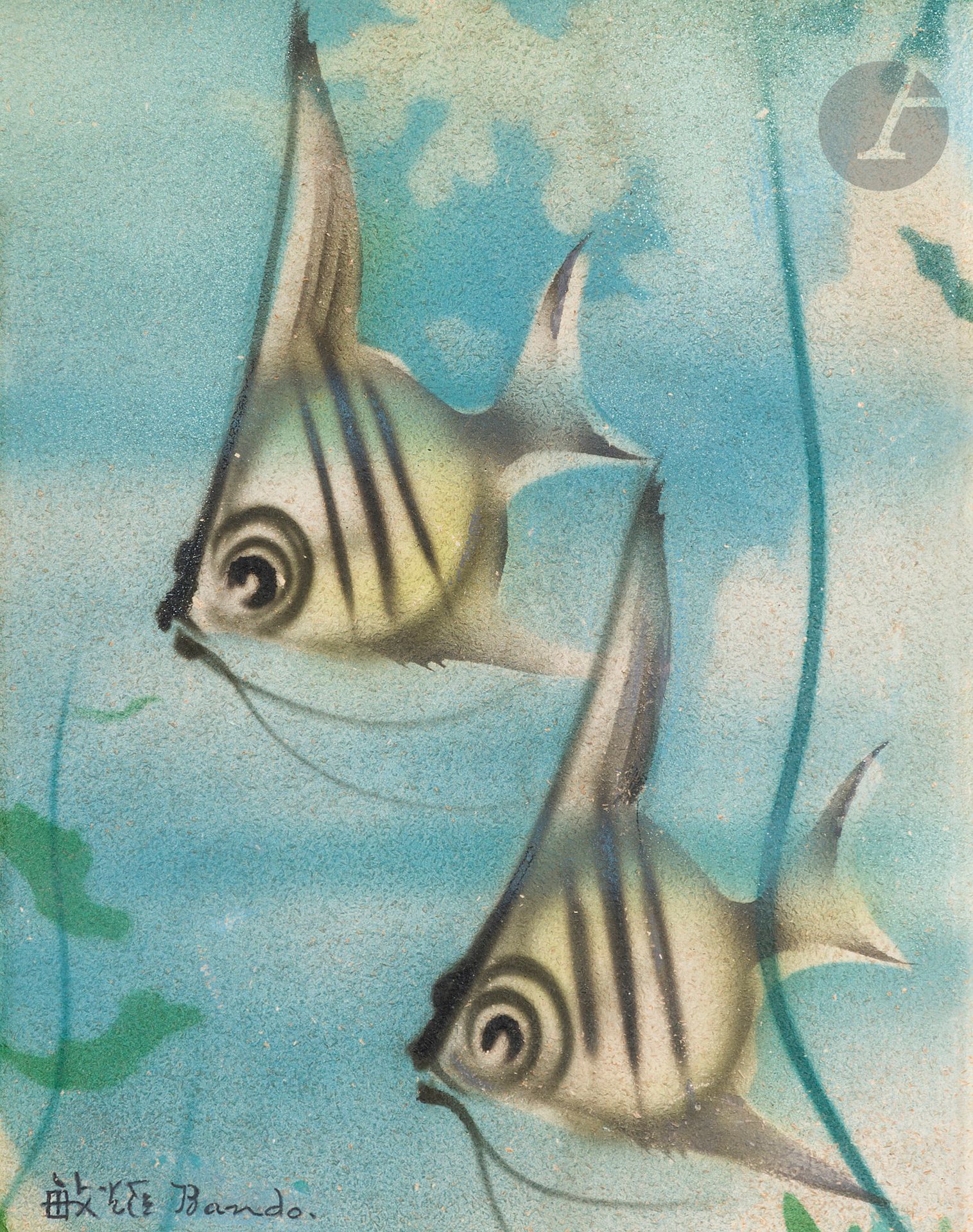 Toshio BANDO [Japanese] (1895-1973)
Two scalar fish, circa 1927
Airbrush on cork panel.
Signed lower left.
34 x 26 cm