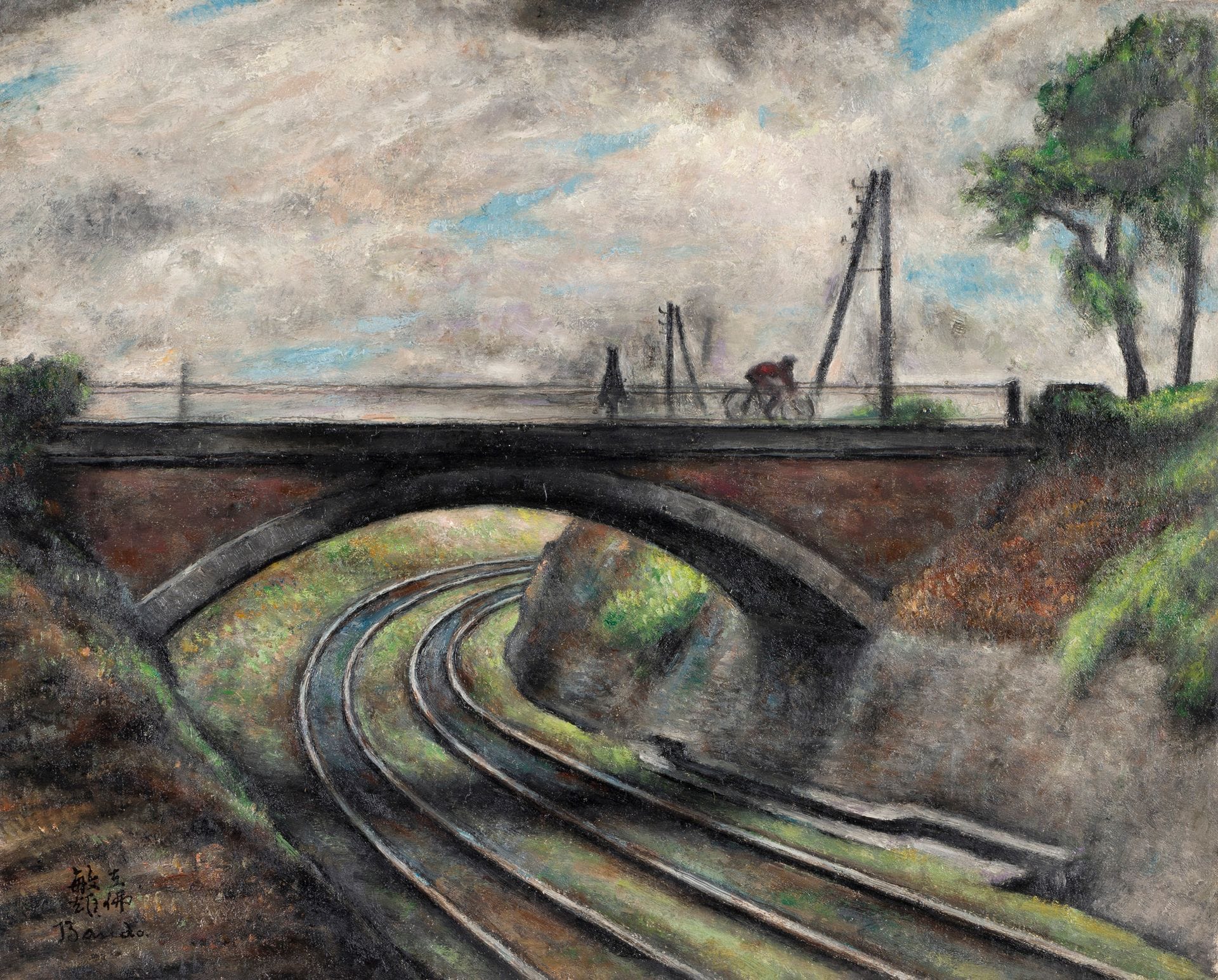 Toshio BANDO [Japanese] (1895-1973)
Cyclist and railroad track, ca. 1925-1930
Oil on canvas.
Signed lower left.
33 x 41 cm

Provenance : 
- Galerie Chéron, Paris.
- Madame Bernard, director of the Galerie Chéron. By succession, his son, Docteur Jarrige.