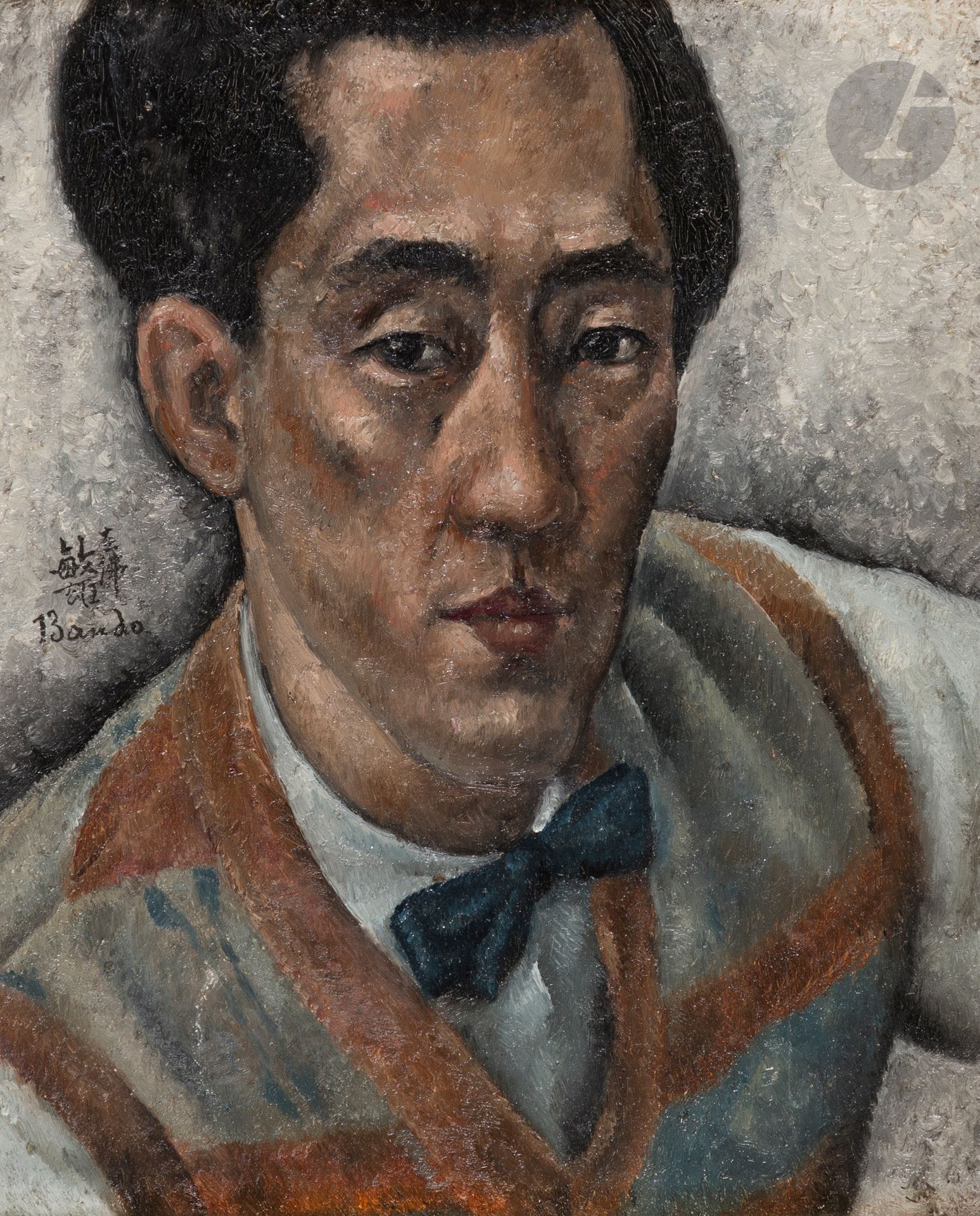 Toshio BANDO [japonais] (1895-1973)
Autoportrait au nœud papillon, vers 1925
Huile sur toile.
Signée au milieu à gauche.
27 x 22 cm