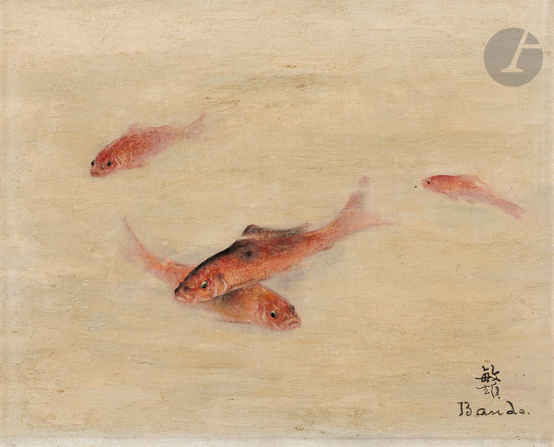 Toshio BANDO [japonais] (1895-1973)
Les Quatre poissons rouges, 1926
Huile sur toile.
Signée en bas à droite.
22 x 27 cm

Provenance :
Vente Mes Millon-Robert, Hôtel Drouot, Paris, 5 décembre 1990, n° 186.

L'œuvre fait partie d'une série référencée dans le facturier de l'artiste sous les n° 501, 502 et 503.