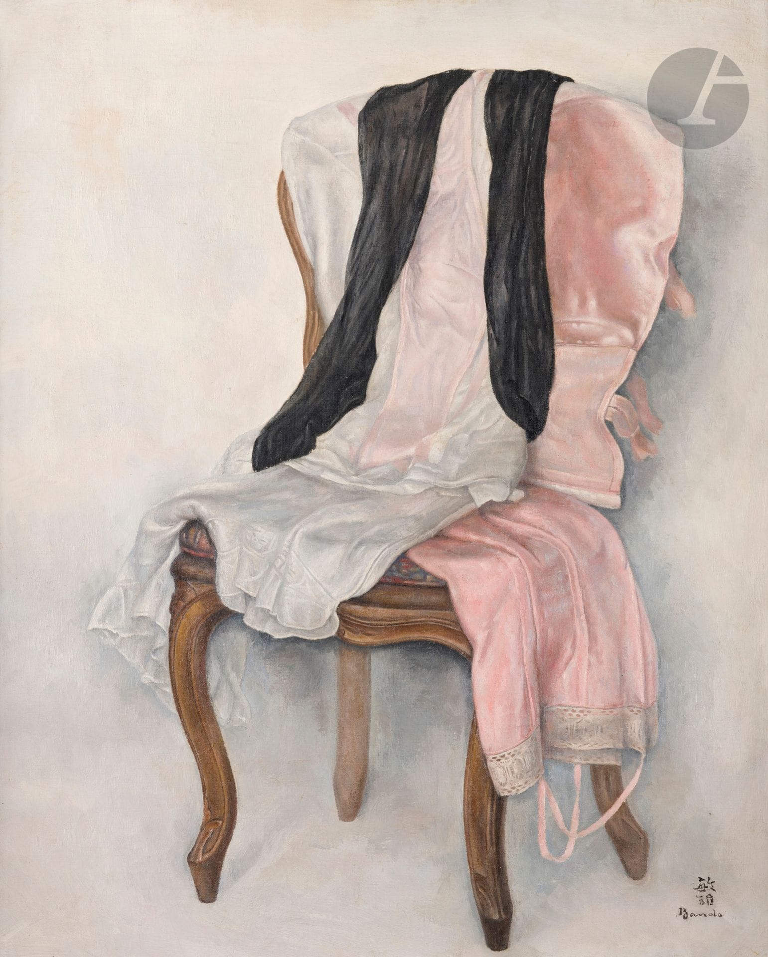 Toshio BANDO [japonais] (1895-1973)
Déshabillé rose à la chaise, vers 1925
Huile sur toile.
Signée en bas à droite.
61 x 50 cm