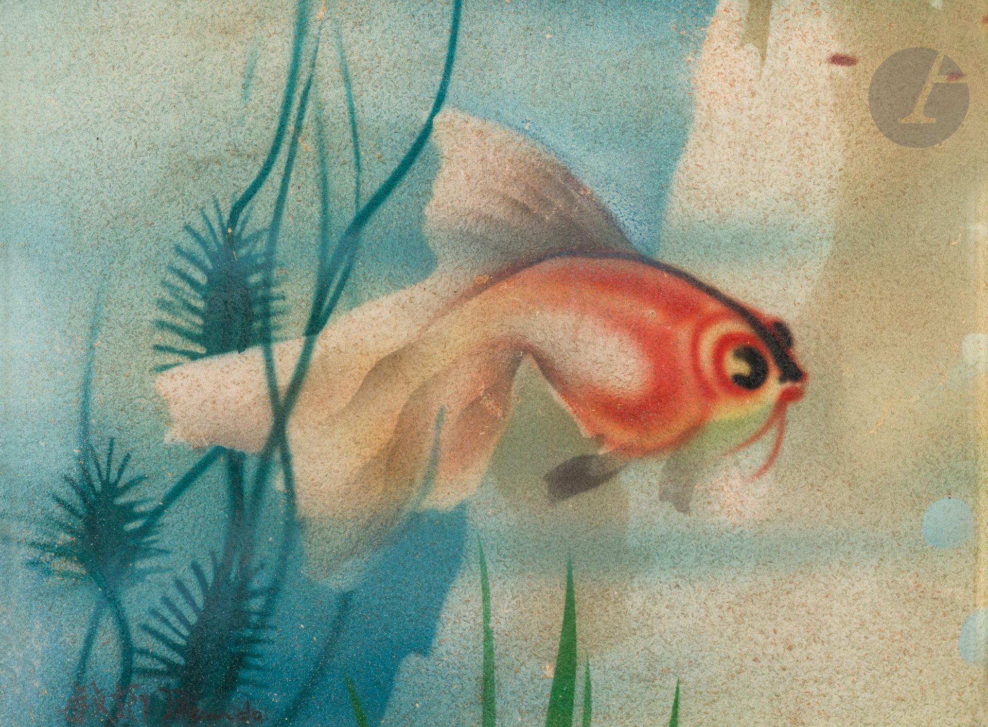 Toshio BANDO [japonais] (1895-1973)
Poisson rouge et plantes aquatiques, vers 1927
Aérographe sur panneau de liège.
Signé en bas à gauche.
26 x 34 cm