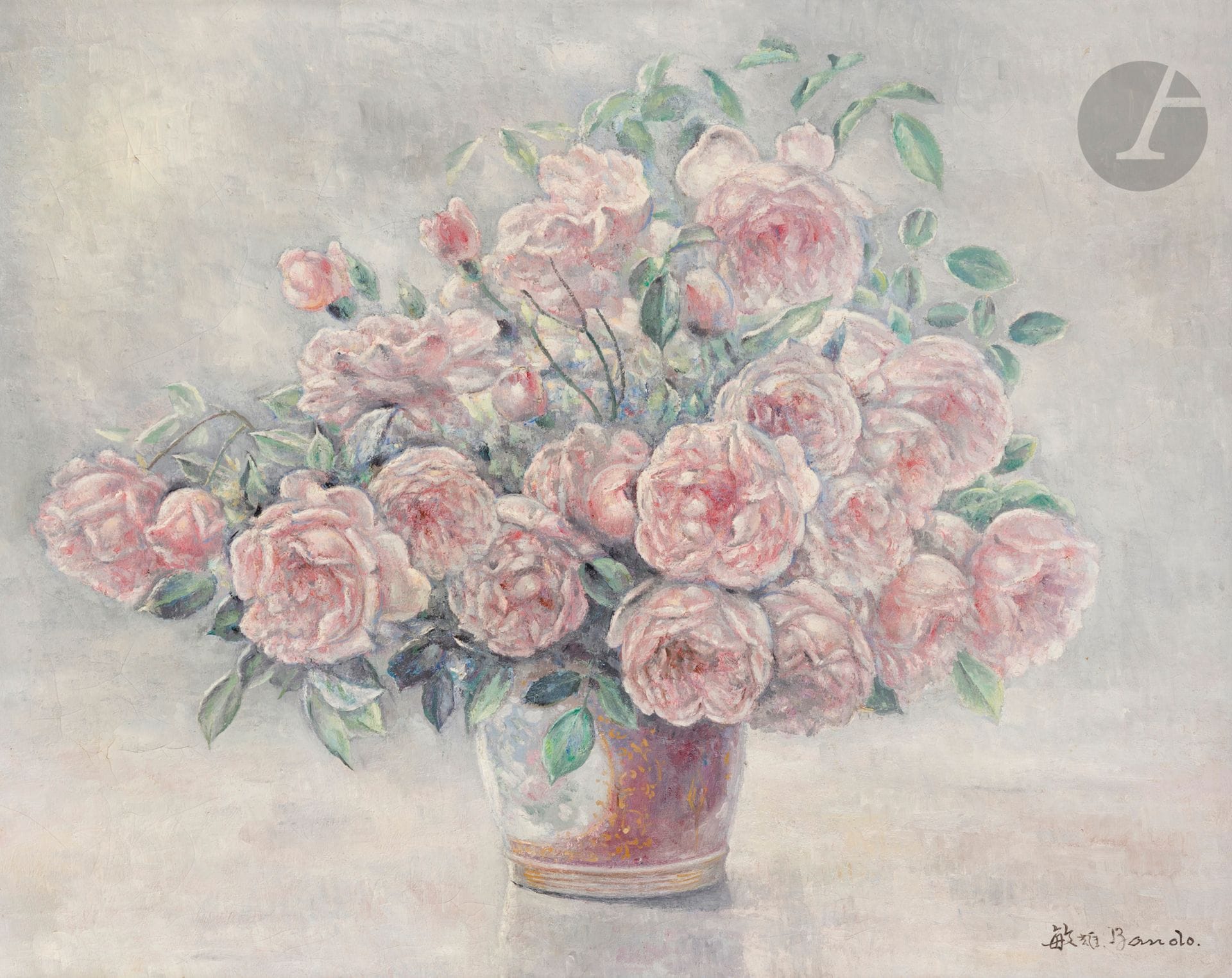 Toshio BANDO [japonais] (1895-1973)
Bouquet de roses dans un vase, vers 1930
Huile sur toile.
Signée en bas à droite.
60 x 51,5 cm